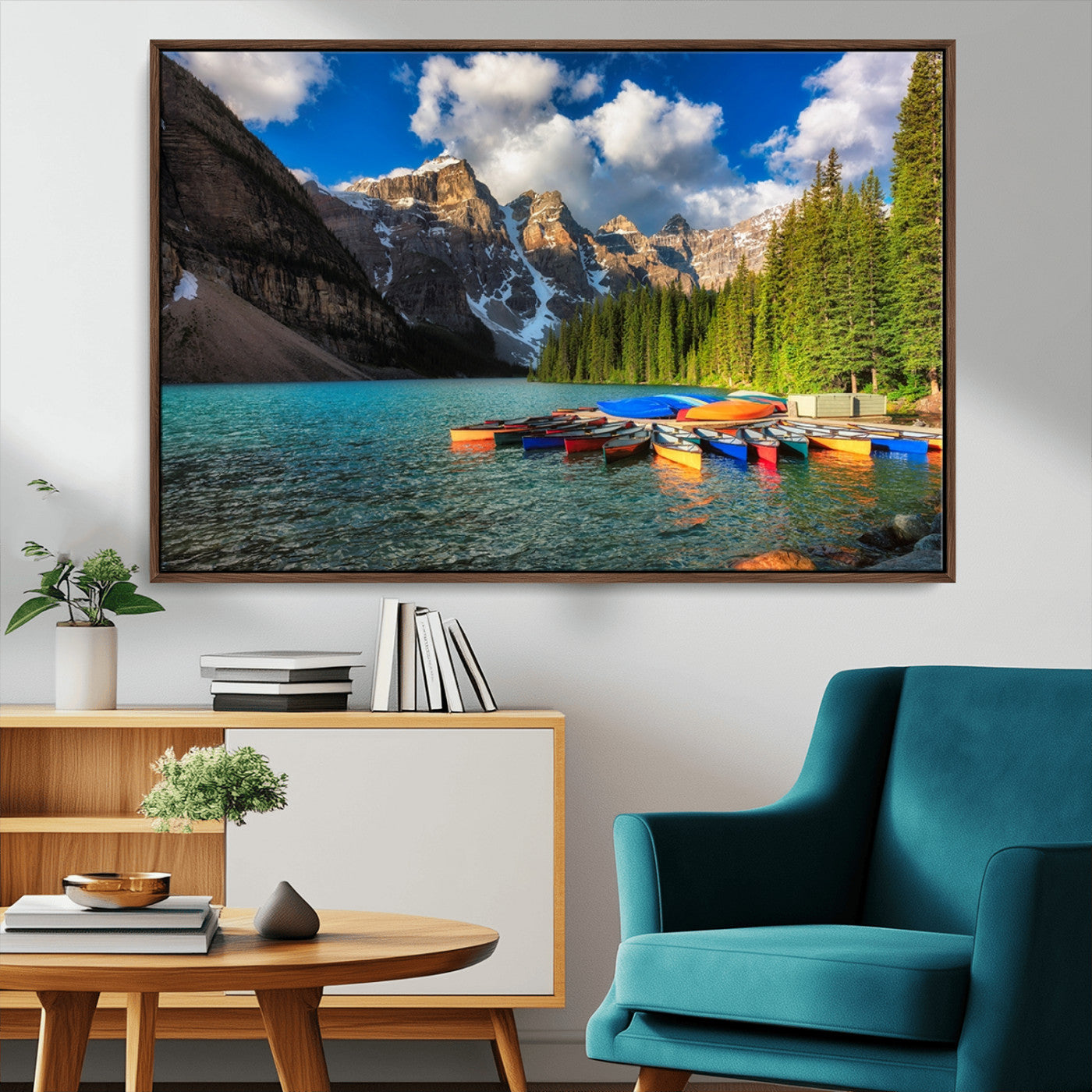 MGV-FC-36X24 - Moraine Lake 3-Panel Wall Art, Majestic Mountain and Lake Landscape Canvas Print Canoes on Moraine
