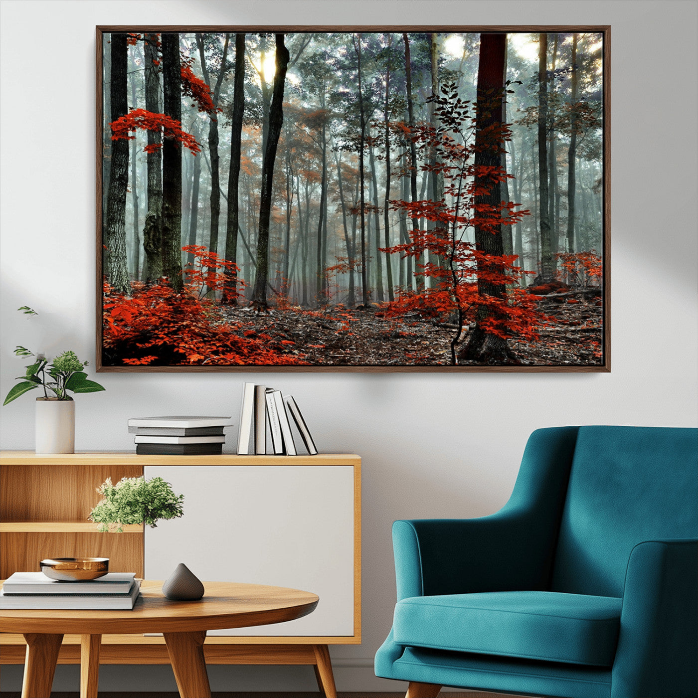 MGV-FC-36X24 - Autumn Forest Canvas Wall Art – Enchanting Red Leaves Triptych Print – Nature-Inspired Decor for