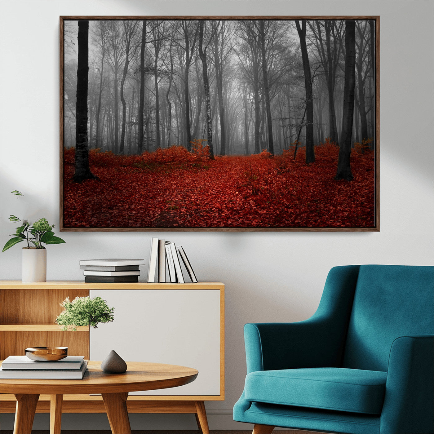 MGV-FC-36X24 - Red Forest Floor Canvas Wall Art – Mystical Foggy Woodland Triptych – Nature-Inspired Decor for