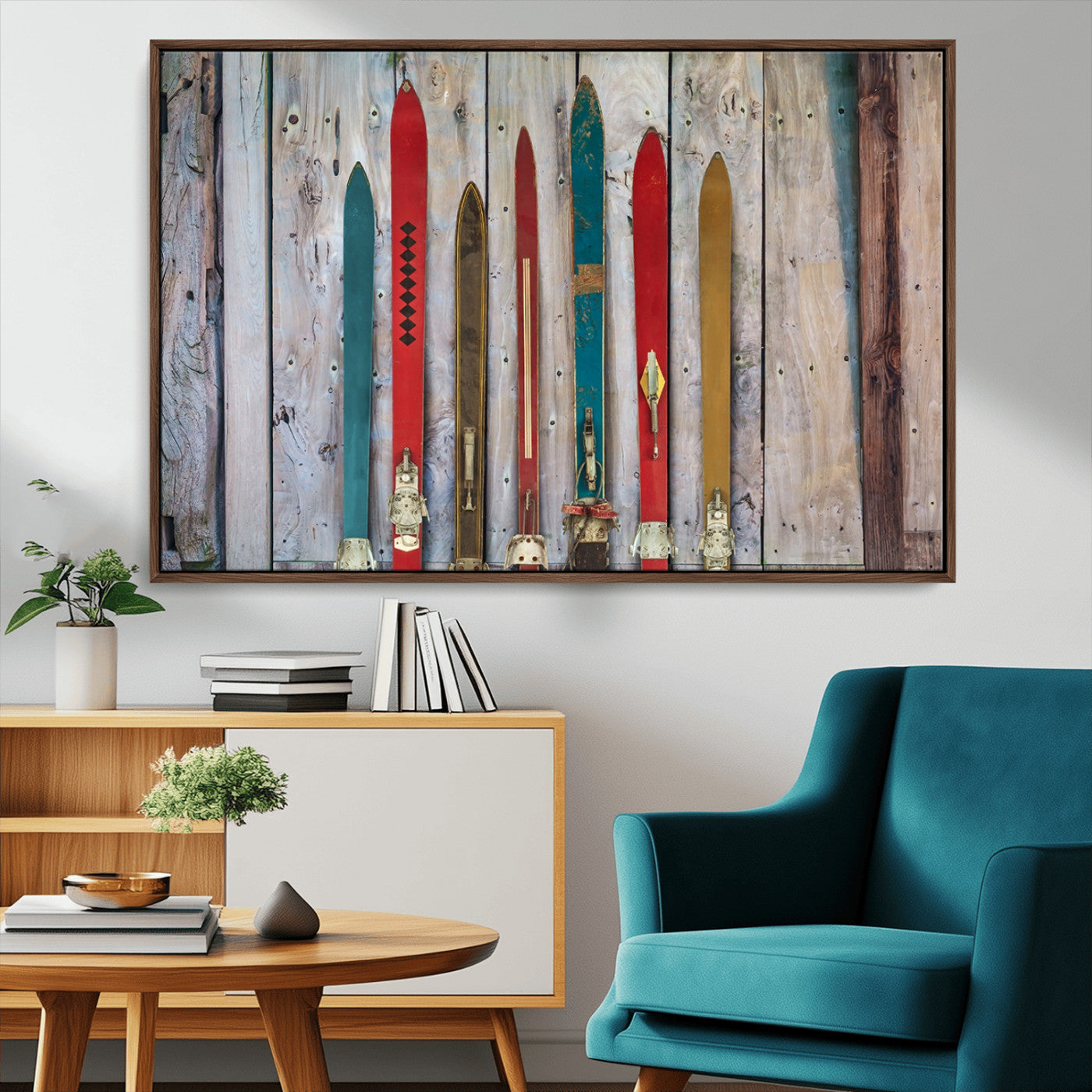 MGV-FC-36X24 - Vintage Wooden Weathered Ski's in Front of an Old Barn Wall Art Canvas Print for Farmhouse, Cabin