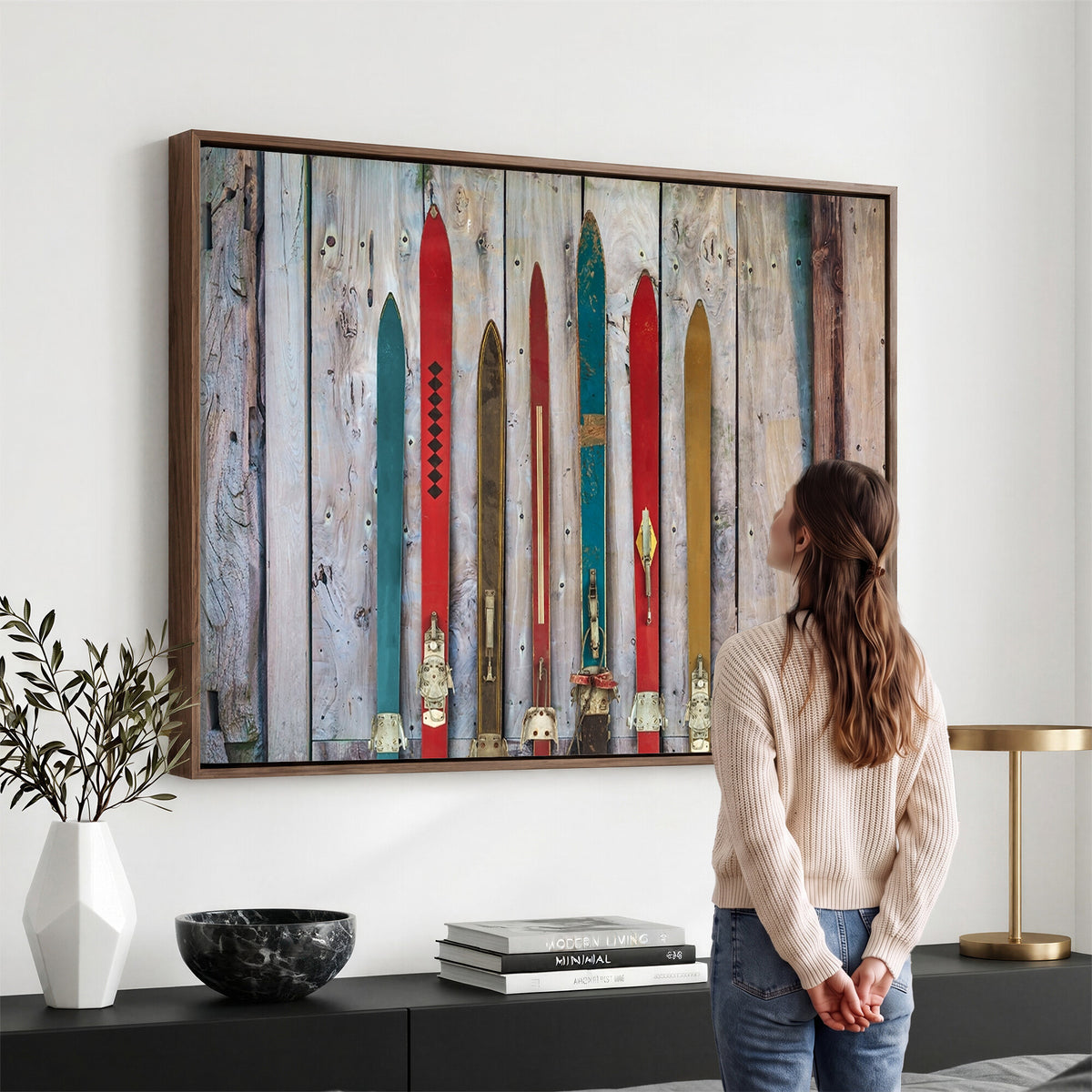 30640-MGV-CV-36X24 - Vintage Wooden Weathered Skis in Front of an Old Barn Wall Art Canvas Print