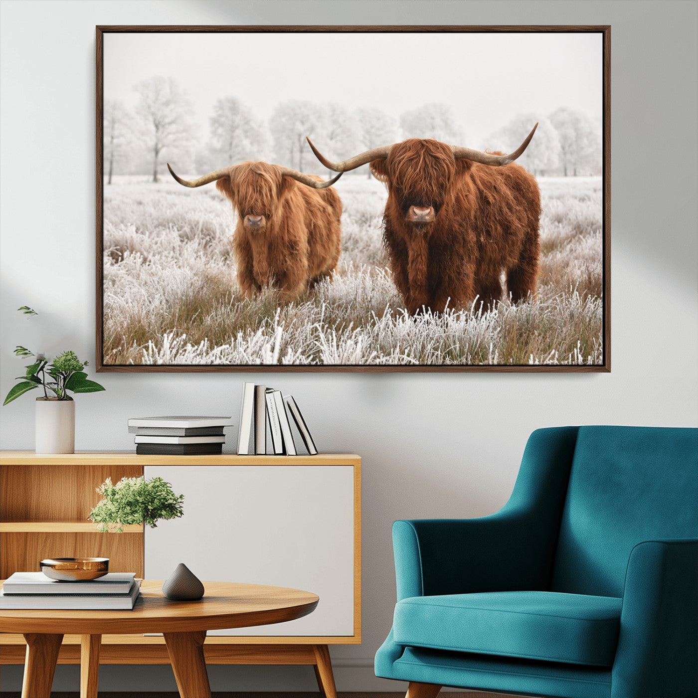 MGV-FC-36X24 - Longhorn Cattle Wall Art Canvas Print, Framed Farmhouse Style Art Picture Print, Rustic Cow Perfect Rustic Farmhouse Decor Artwork