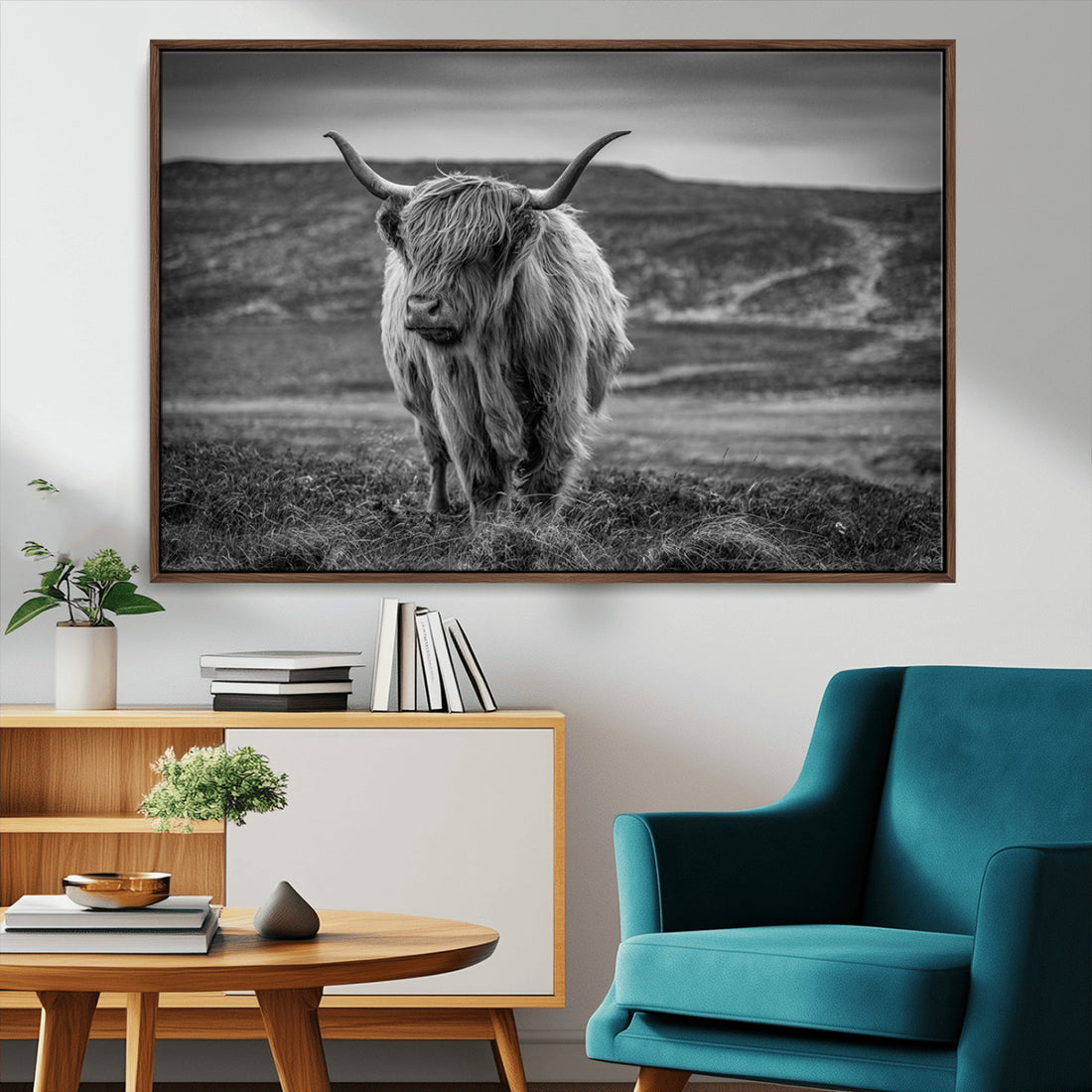 Fluffy Cattle Wall Art Print, Highland Cow Canvas, Framed Black and White Wall Art