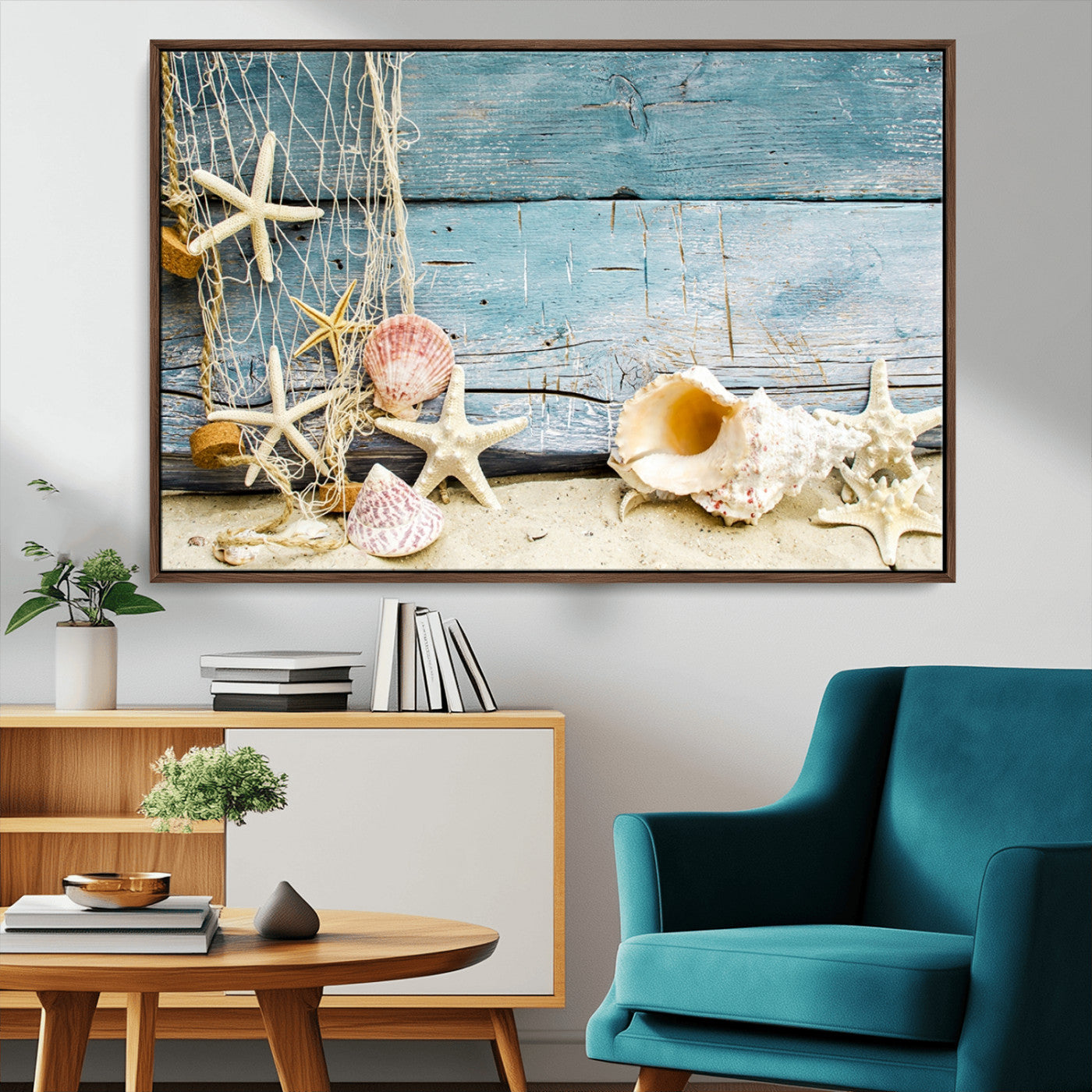 MGV-FC-36X24 - Seashells on Rustic Wooden Background, Seashells Wall Art Canvas Print