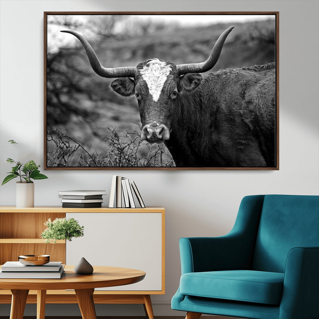 Western Home Wall Art Canvas Print, Framed Texas Longhorn Art | Rustic Cow Farmhouse Decor