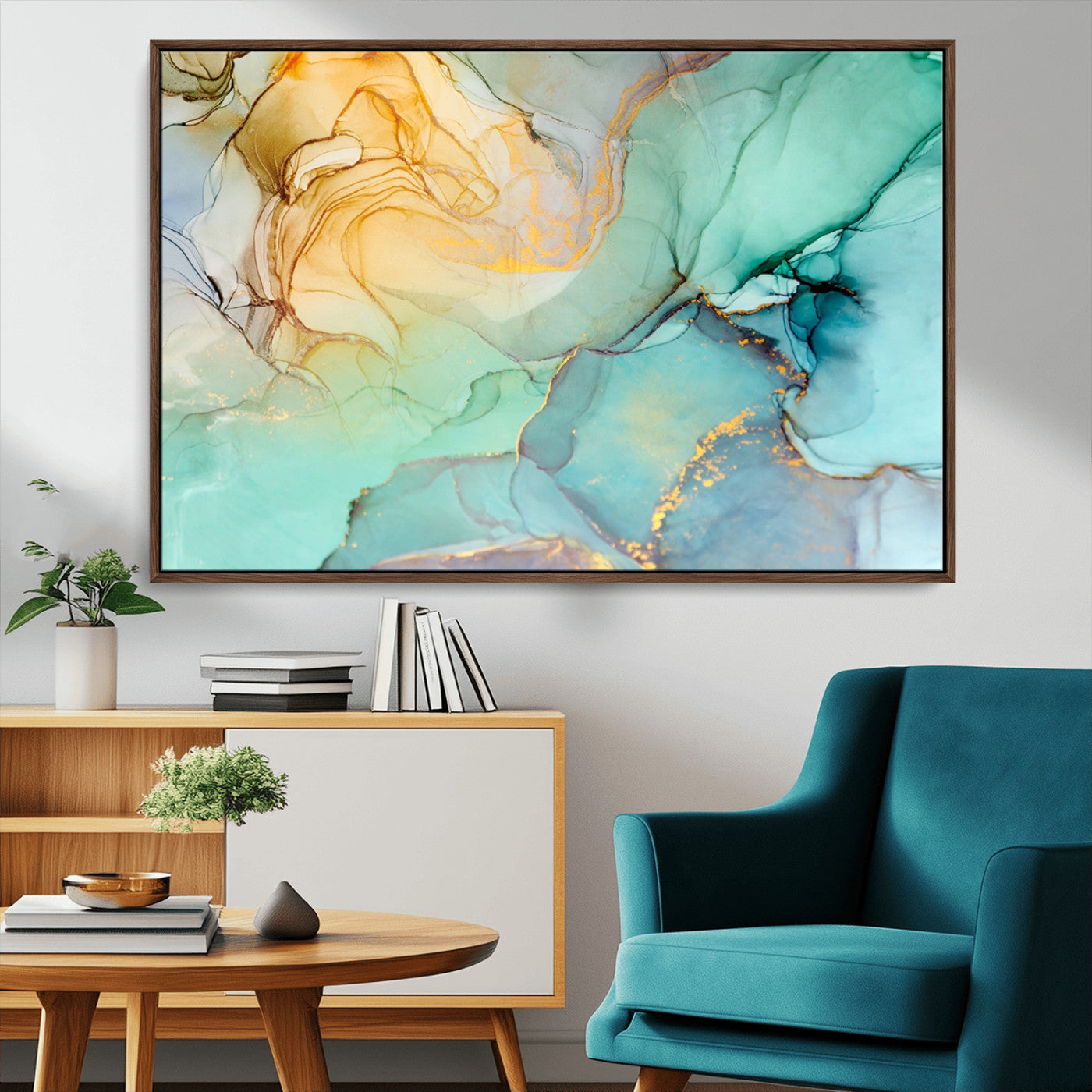 MGV-FC-36X24 - Abstract Aqua and Gold Fluid Wall Art Canvas | 3 Panel Large Canvas Print for Living Room, Office,