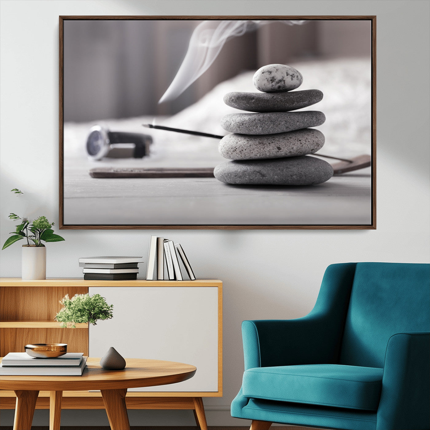 MGV-FC-36X24 - Burning Incense and Zen Stones Buddhism Wall Art, Zen Stones Wall Art Canvas Print