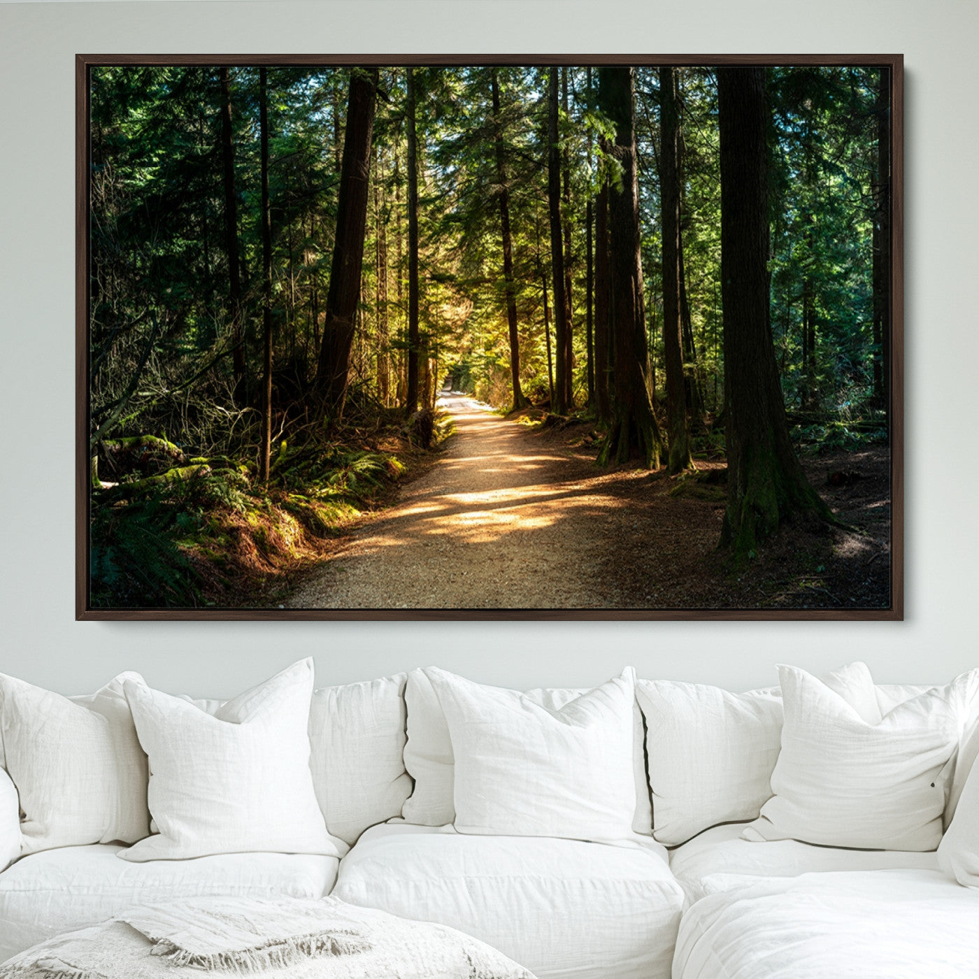 51762-MGV-FC-36X24_Walnut-Sunlit Forest Pathway Canvas Print | 3 Panel Large Nature Wall Art for Living Room, Office, or Modern Space | Tranquil Scenic Forest, Ready