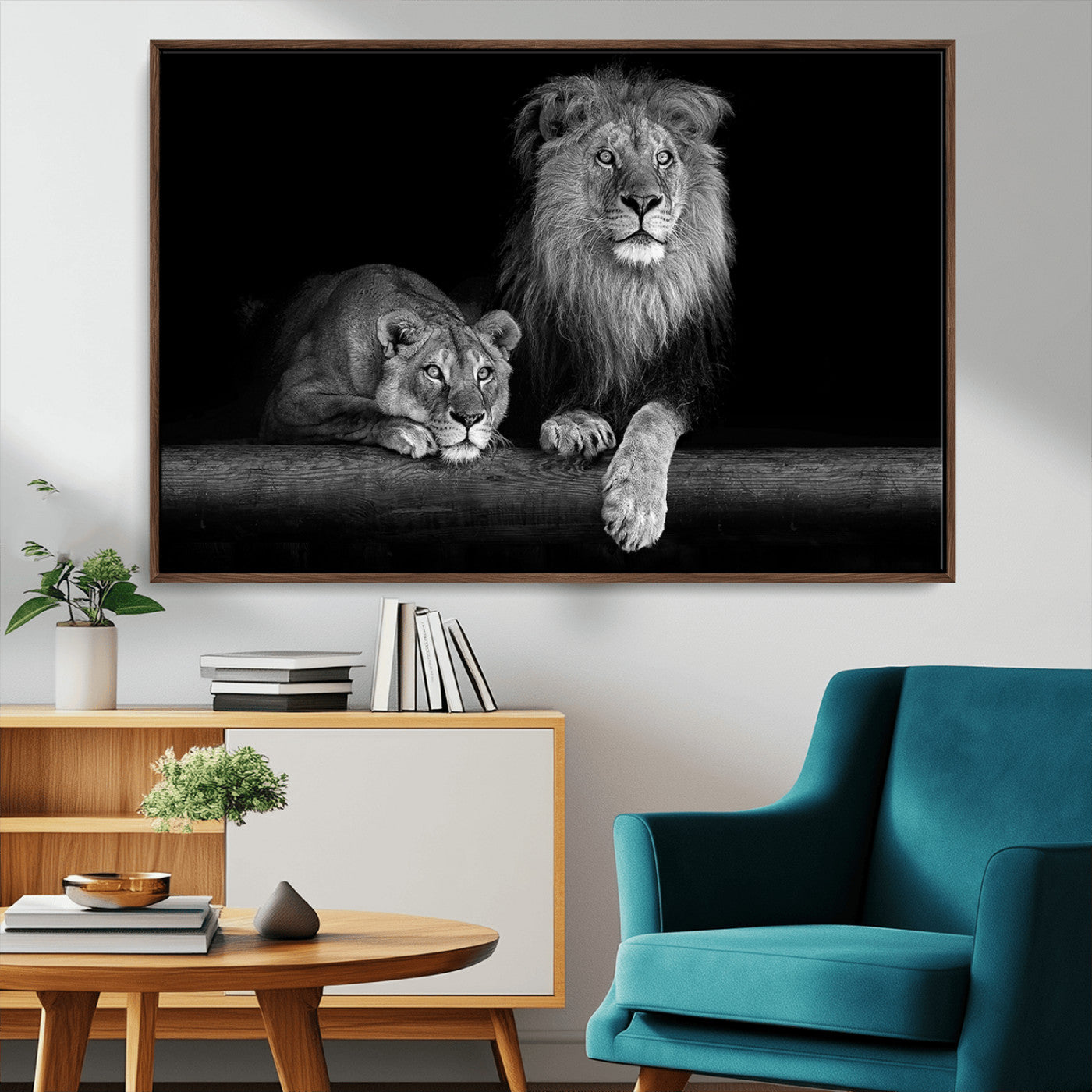 MGV-FC-36X24 - Large Black and White Lion Couple Wall Art Canvas Print