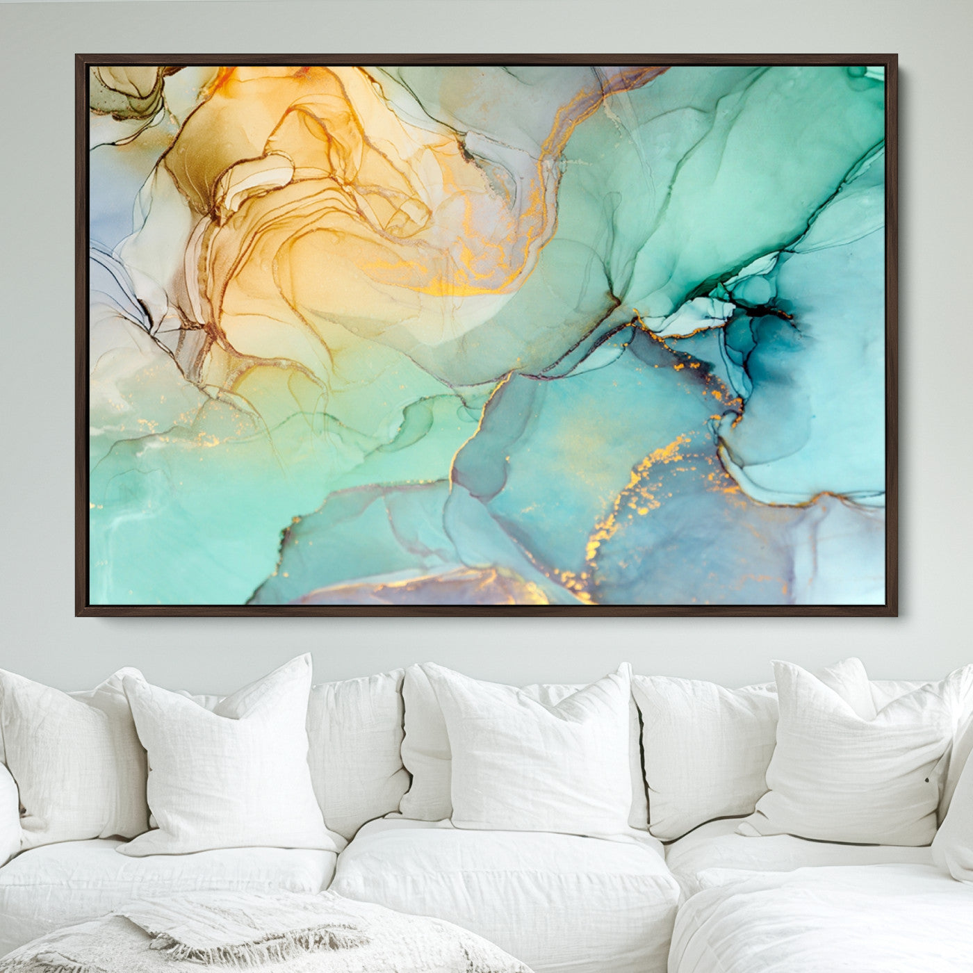47242-MGV-FC-36X24_Walnut-Green Marble Fluid Effect Wall Art Abstract Canvas Wall Art Print
