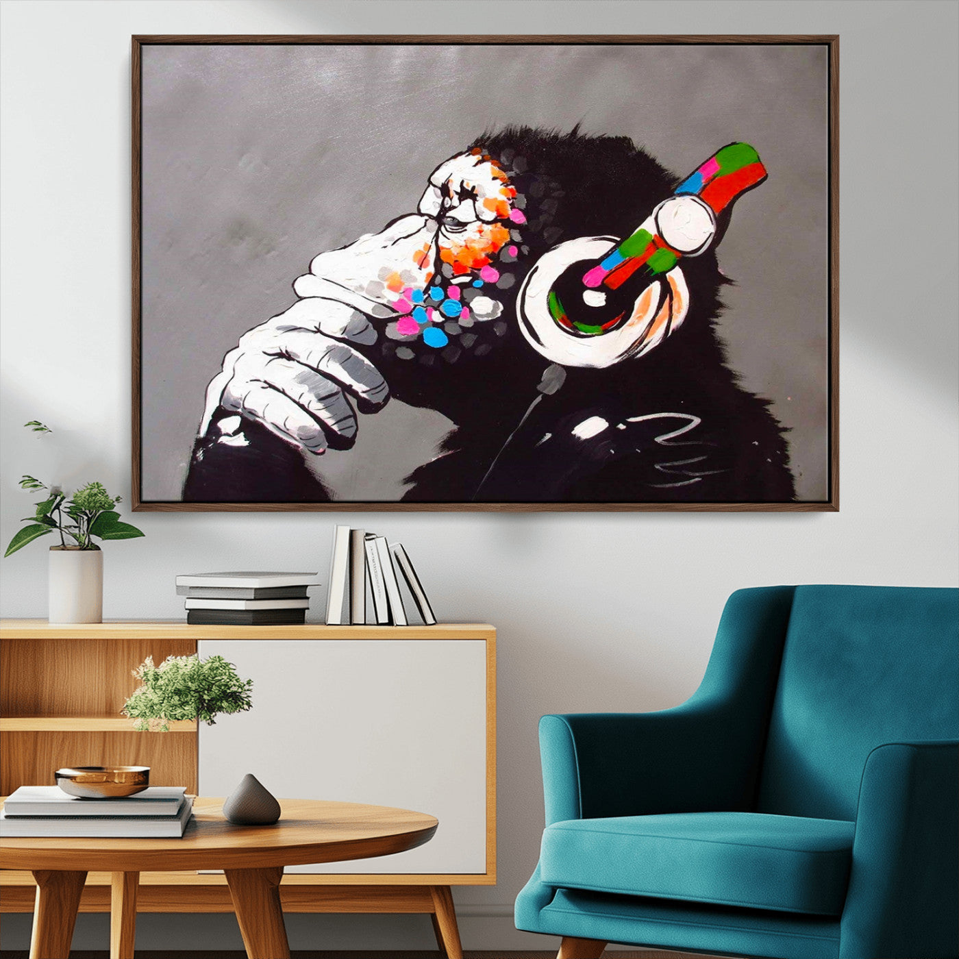Dj Monkey Listening to Music Wall Art Print | Banksy Monkey Large