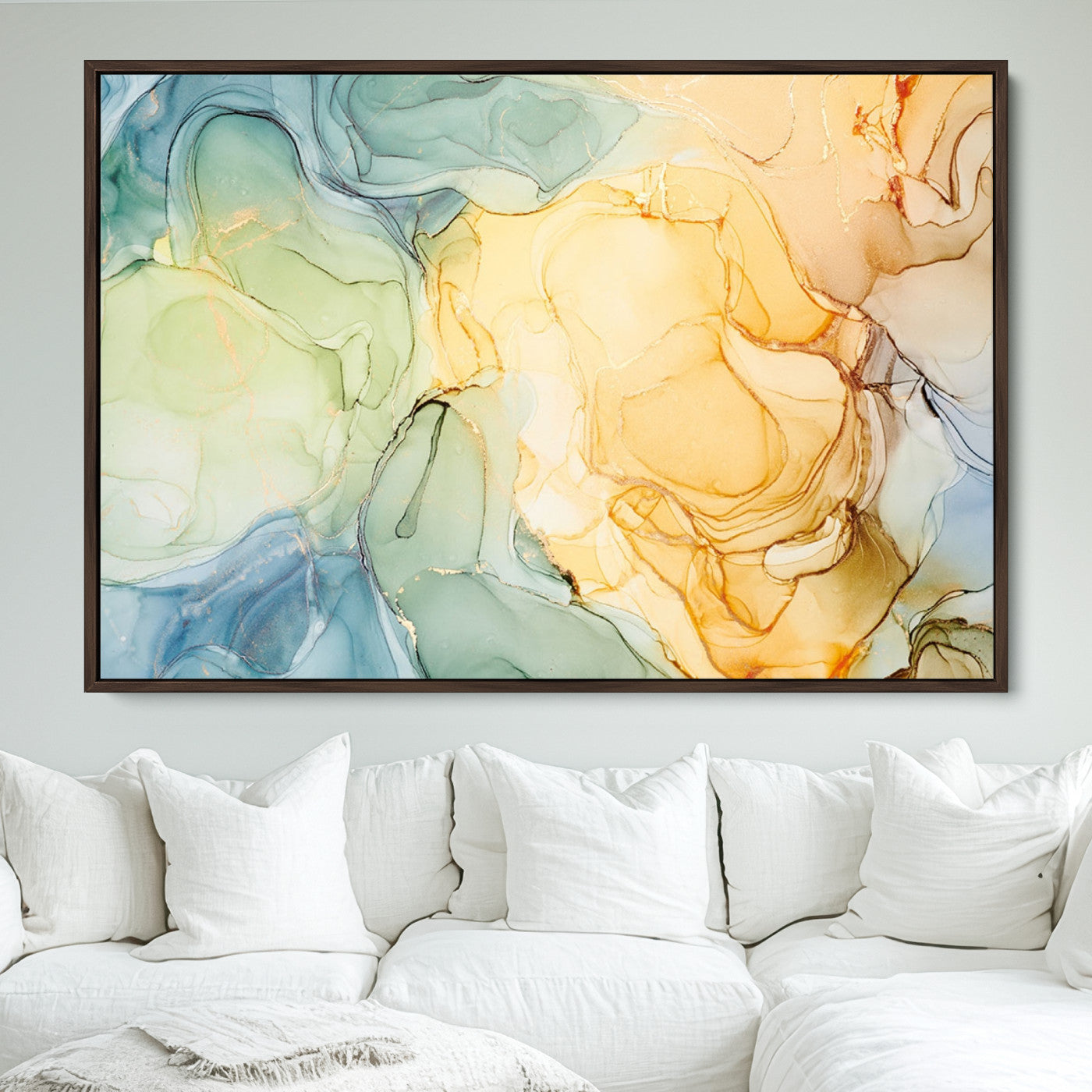42195-MGV-FC-36X24_Walnut-Green and Yellow Marble Fluid Effect Wall Art, Green and Yellow Marble Canvas Wall Art Print