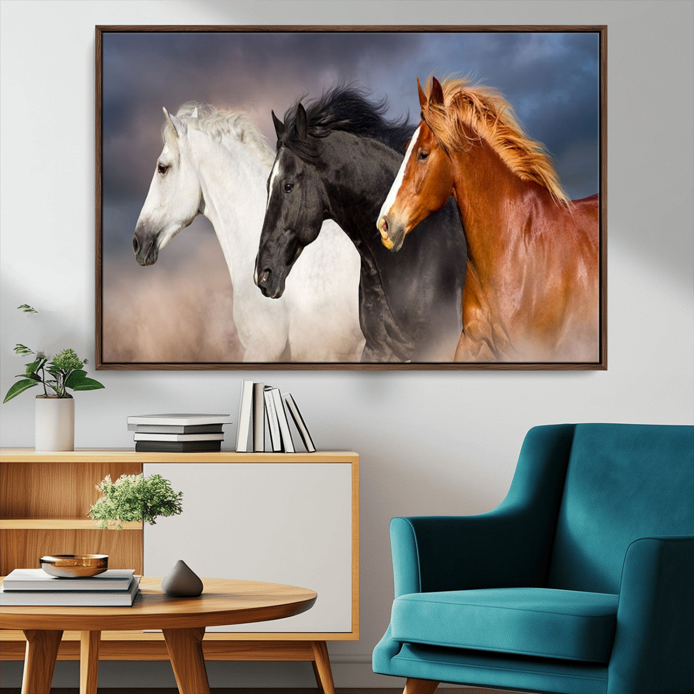 MGV-FC-36X24 - Animal Wall Art Three Horses Farmhouse Art Canvas, Framed Three Horses Canvas Print