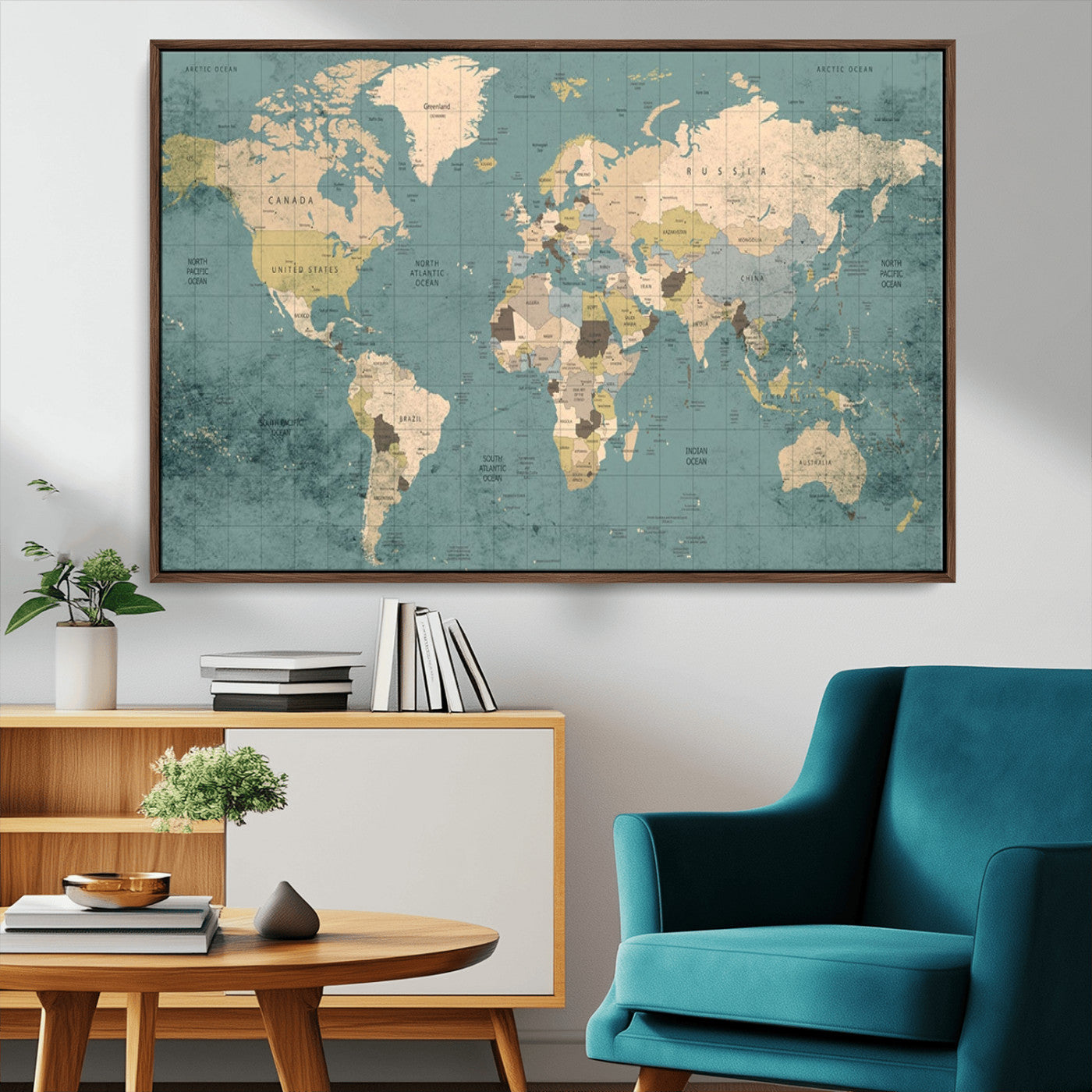 MGV-FC-36X24 - Classic World Map Wall Art Canvas Print, Framed Retro Map Art Picture Print, Vintage Atlas Perfect Rustic Explorer Decor Artwork