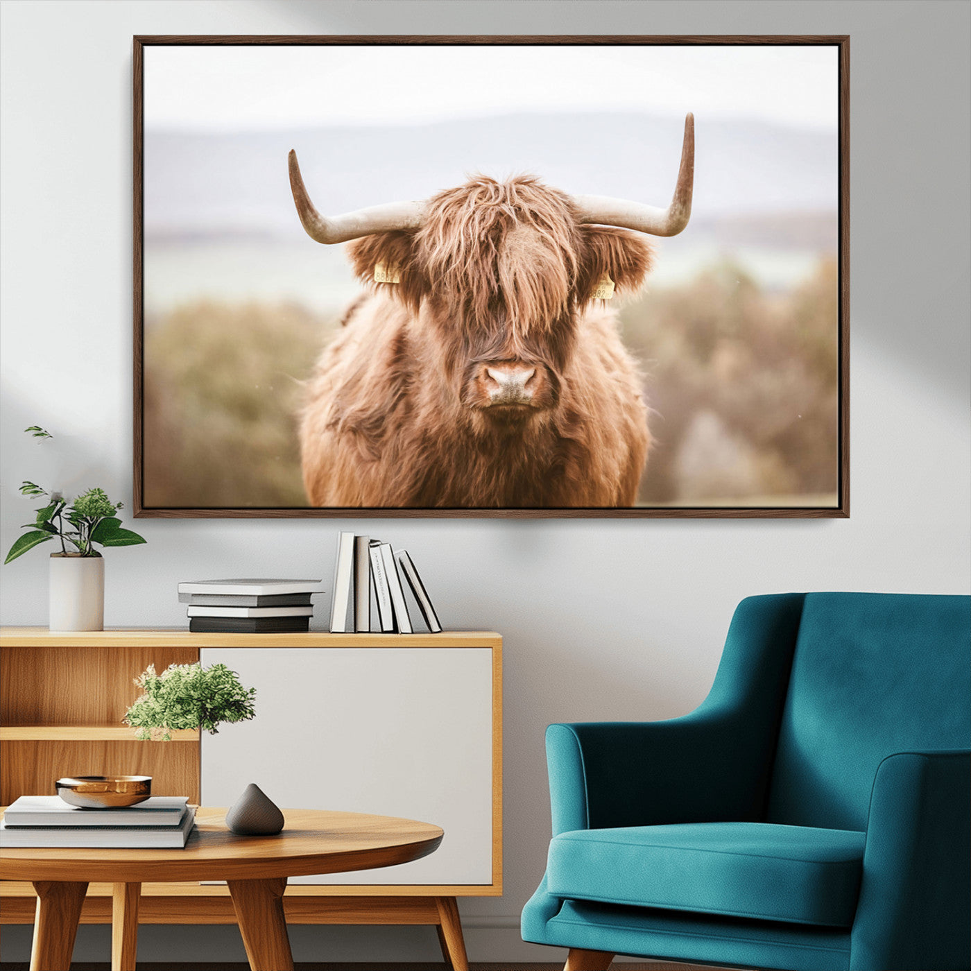 MGV-FC-36X24 - Scottish Serene Highland Cow Canvas Wall Art – Serene Highland Cow in Natural Pastel Tones – Ready
