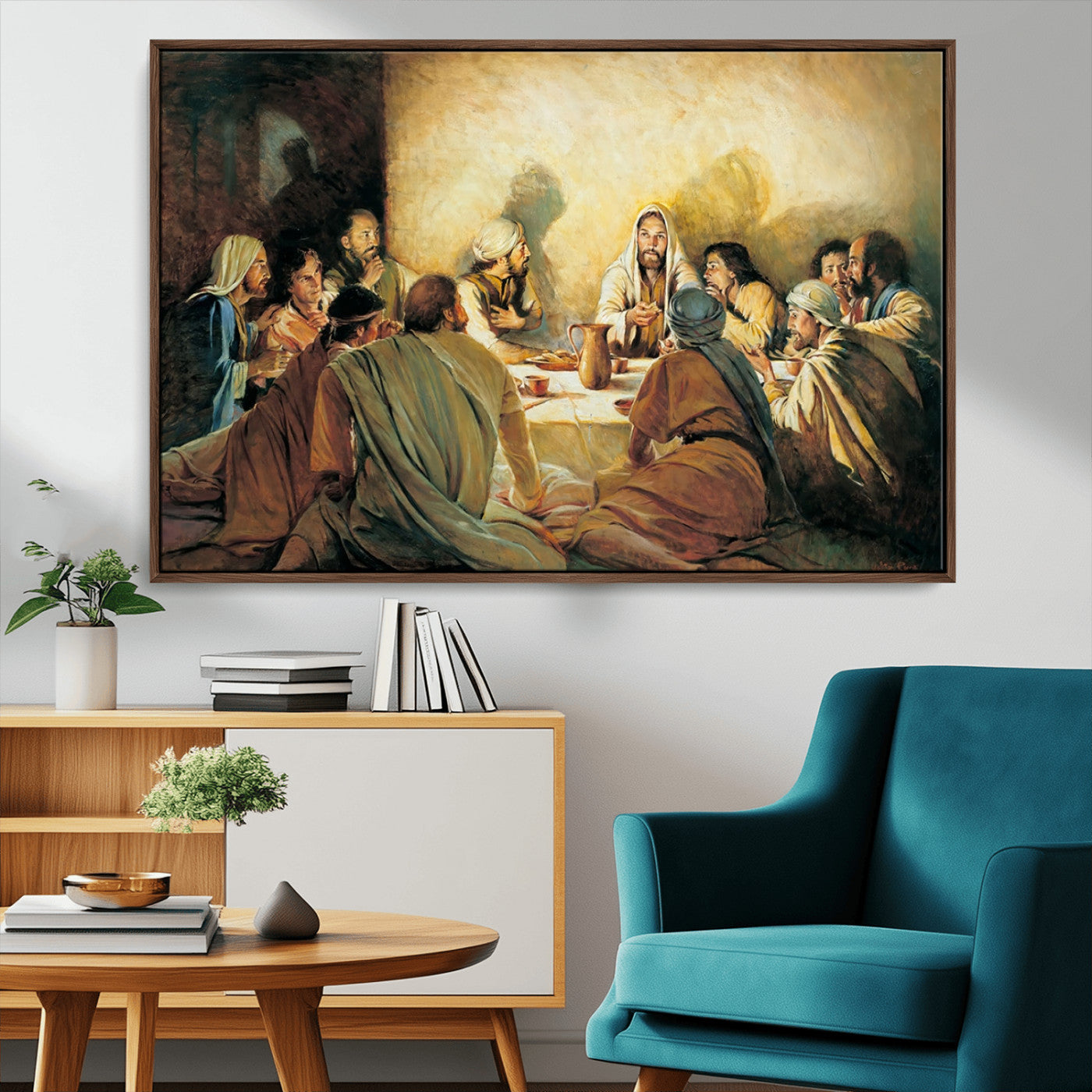 Framed canvas print of the Last Supper, depicting Jesus and his disciples, perfect for religious or Christian-themed home decor.