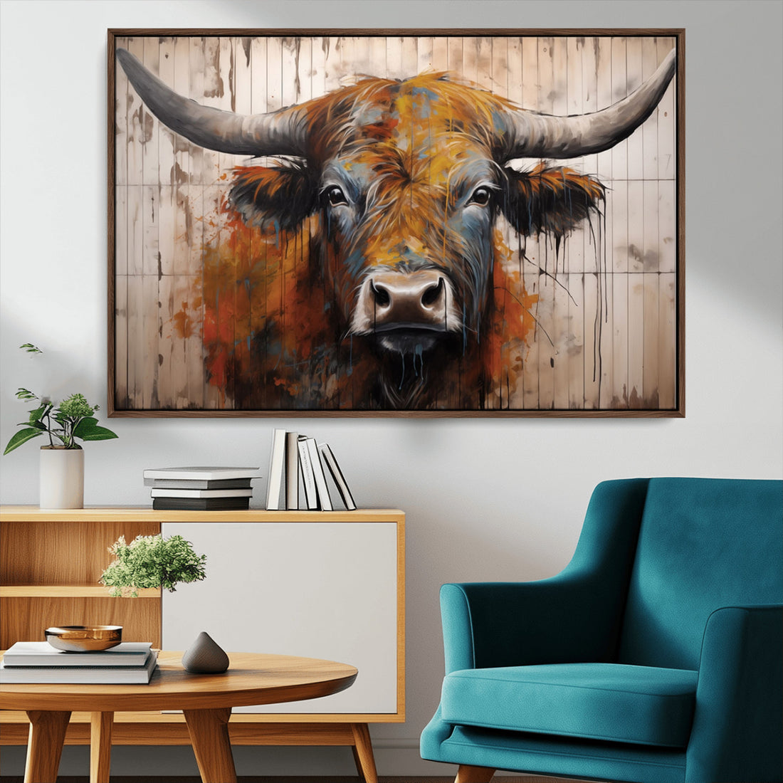 Scottish Highland Cow Cattle Art Print on Wood Style Background