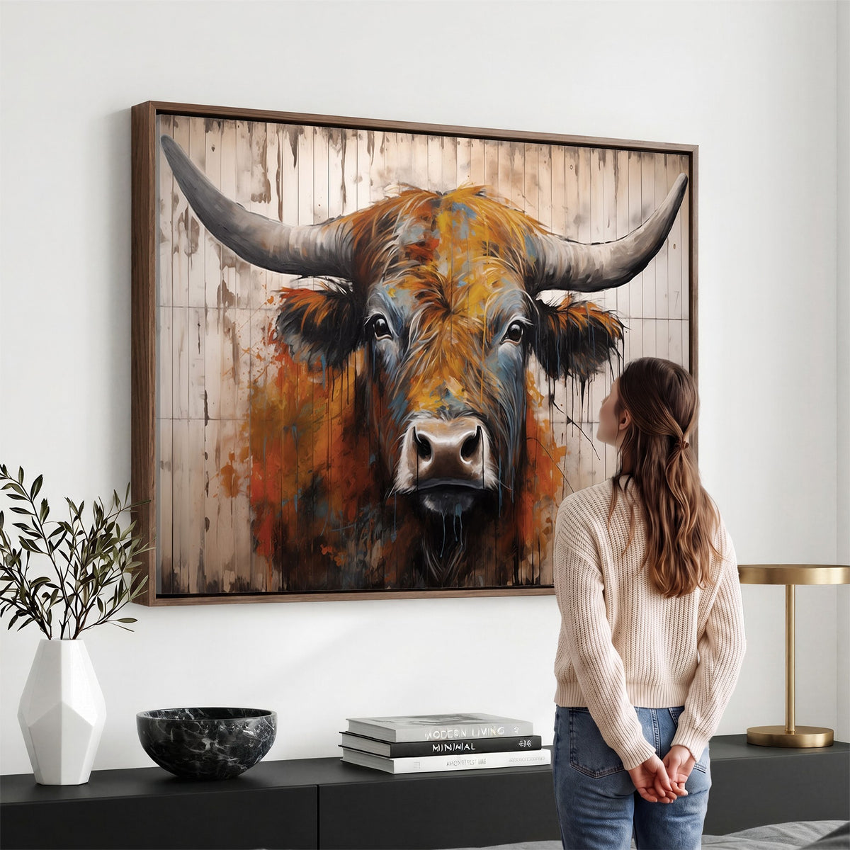 47284-MGV-CV-24X16 - Abstract Bull Highland Cow Canvas Wall Art Print