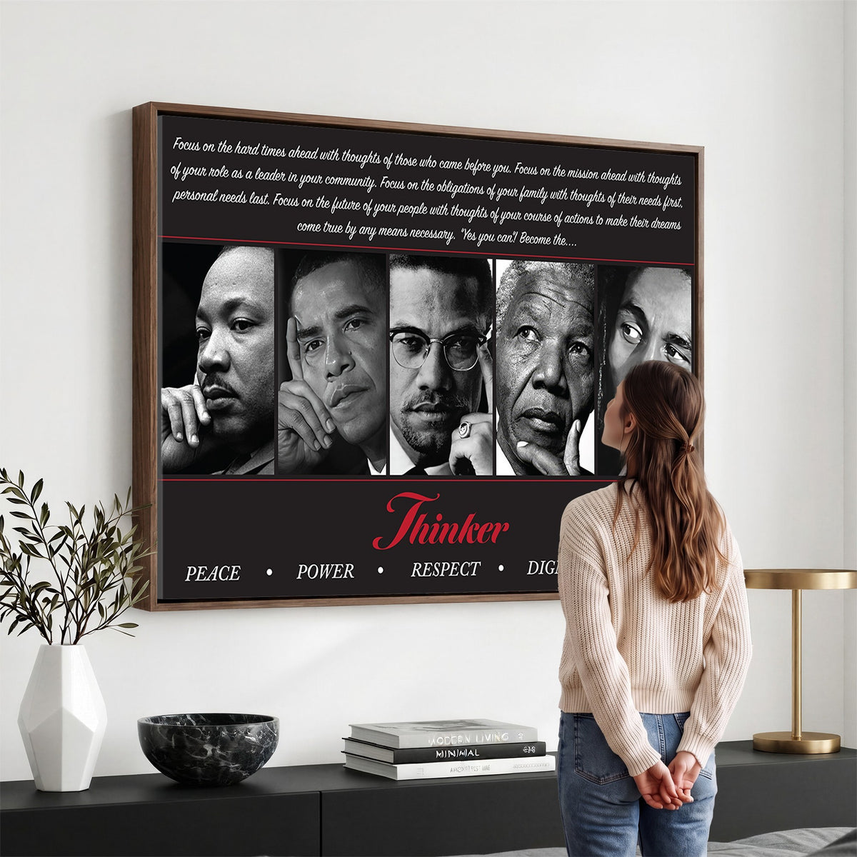 45112-MGV-CV-24X16 - Thinker Quintet Canvas Wall Art | Martin, Obama, Malcolm X, Mandela, Marley, Peace Power Respect Dignity Love