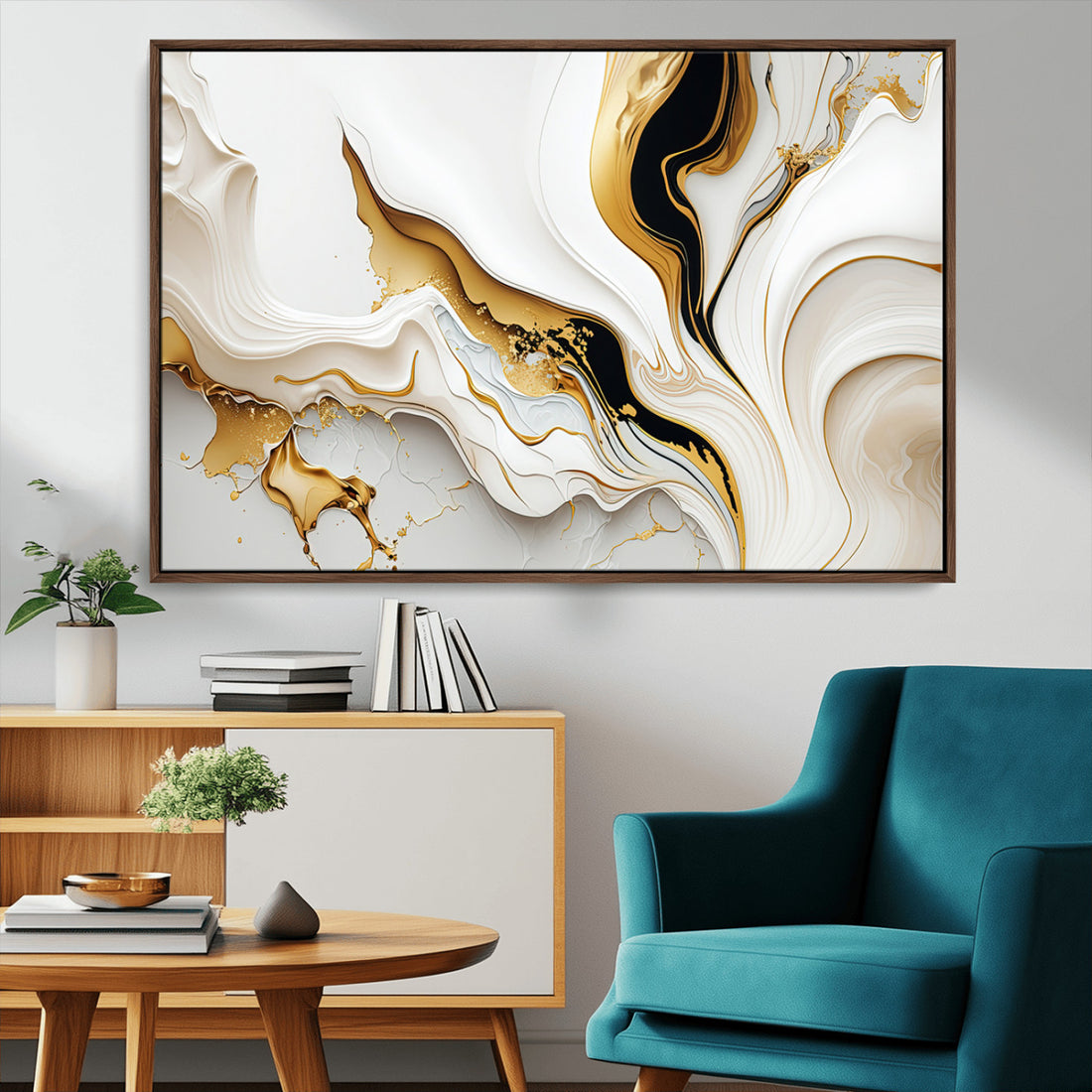 Gold Waves on Pure White Canvas, Gold Abstract Art for Modern Interiors