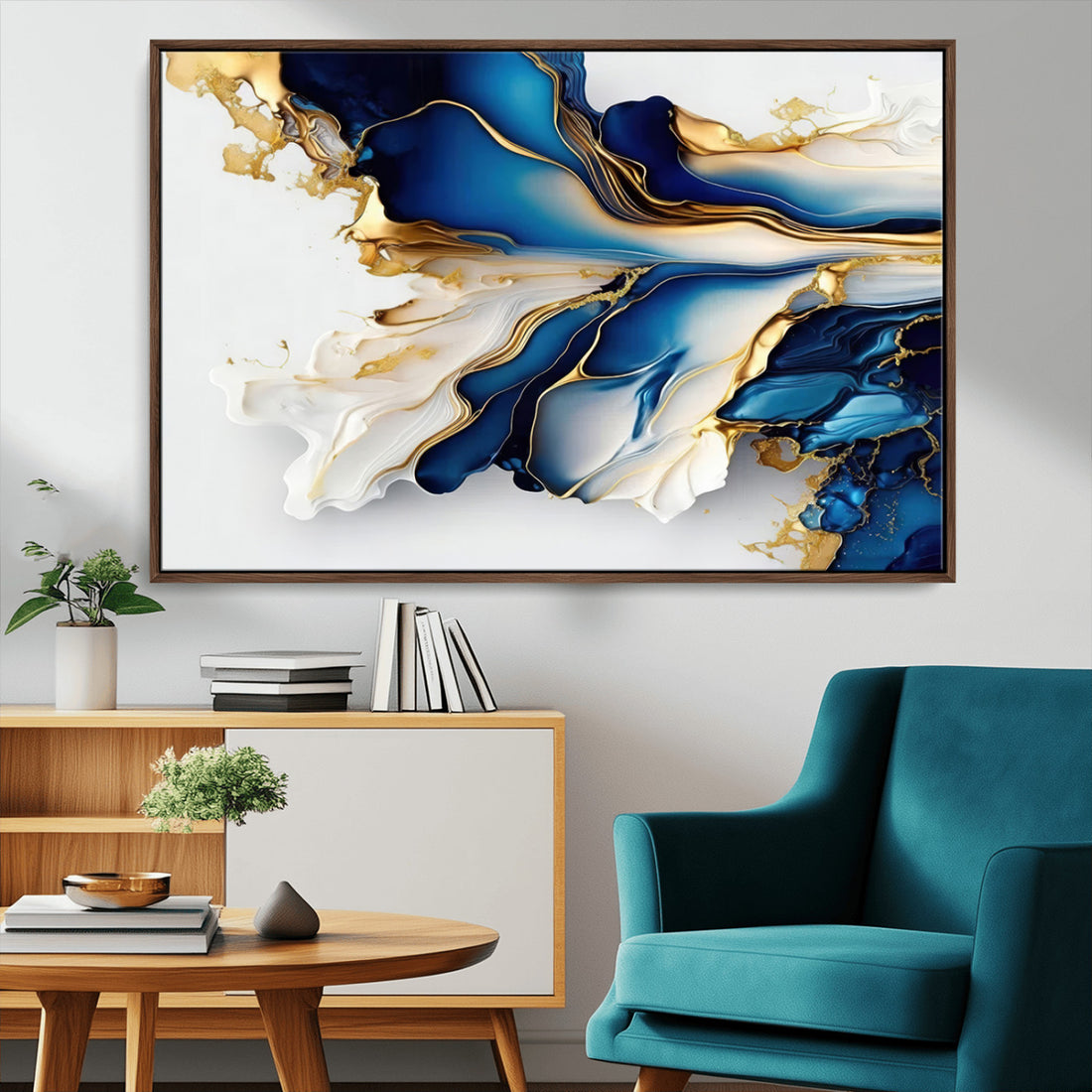 Gold Marble Art, Abstract Geode Gold and Blue Marble Shape Canvas Wall Art
