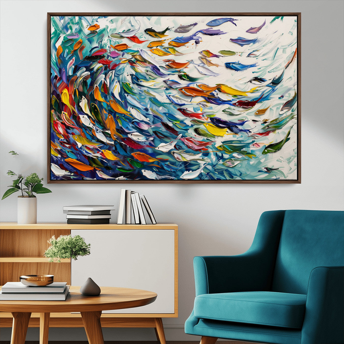 MGV-FC-36X24 - Modern Abstract Fish Shoal Wall Art Canvas Print, Colorful Fish Herd Painting on Canvas Print, Ocean