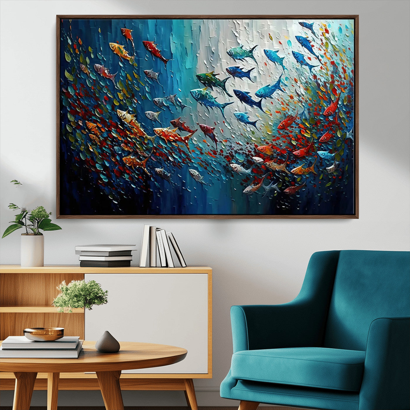 MGV-FC-36X24 - Modern Abstract Fish Shoal Wall Art Canvas Print, Colorful Fish Herd Painting on Canvas Print, Ocean