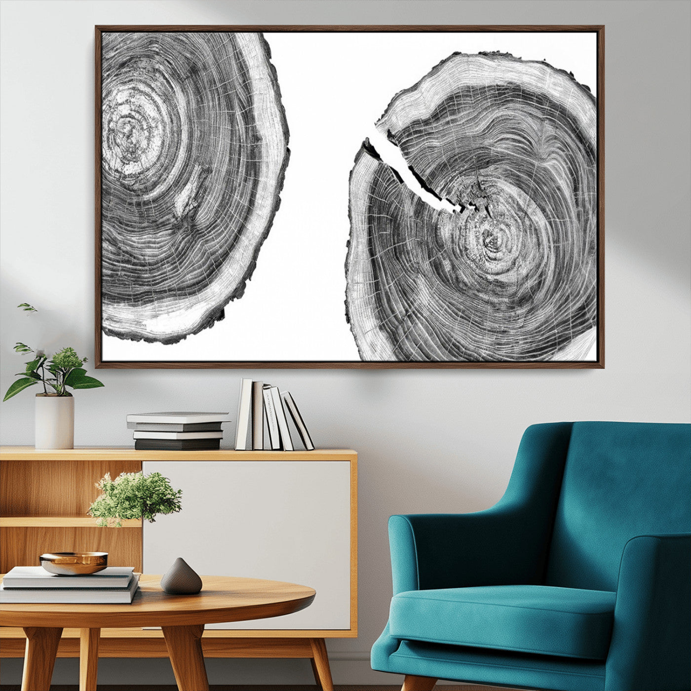 MGV-FC-36X24 - Modern Black and White Tree Rings Canvas Wall Art – Nature Inspired Wood Slice Print – Minimalist