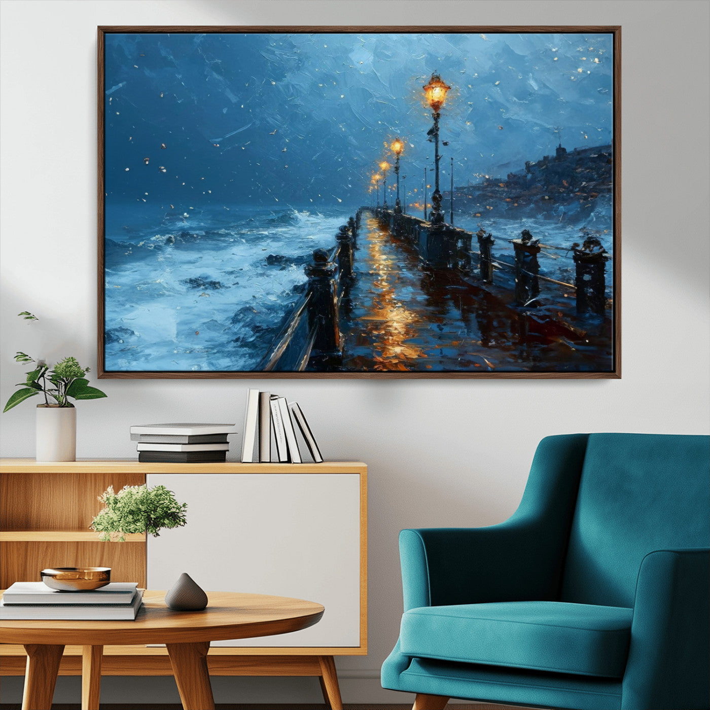 MGV-FC-36X24 - Stormy Night at Beach Pier Oil Painting Large Wall Art Print, Framed Canvas Nature Wall Decor,