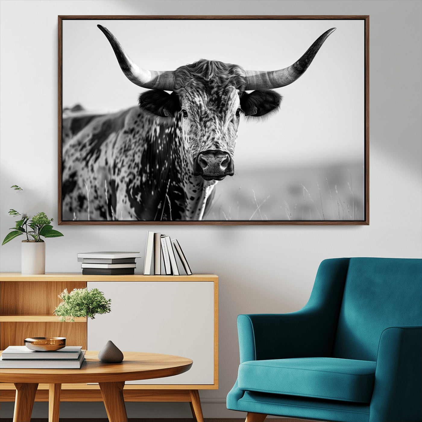 MGV-FC-36X24 - Texas Highland Cow Longhorn Canvas Print - Rustic Farmhouse Wall Art - Large Texas Longhorn