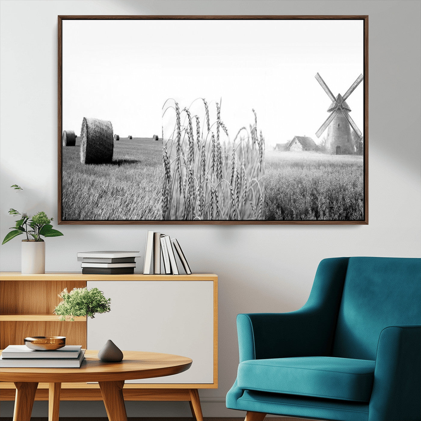 MGV-FC-36X24 - Vintage Farmhouse Black and White Triptych Wall Art – Giclee Canvas Featuring Wheat Fields, Hay
