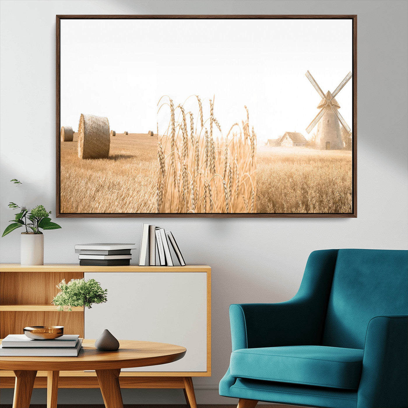 MGV-FC-36X24 - Vintage Farmhouse Triptych Wall Art – Giclée Canvas Featuring Wheat Fields, Hay Bales, and a