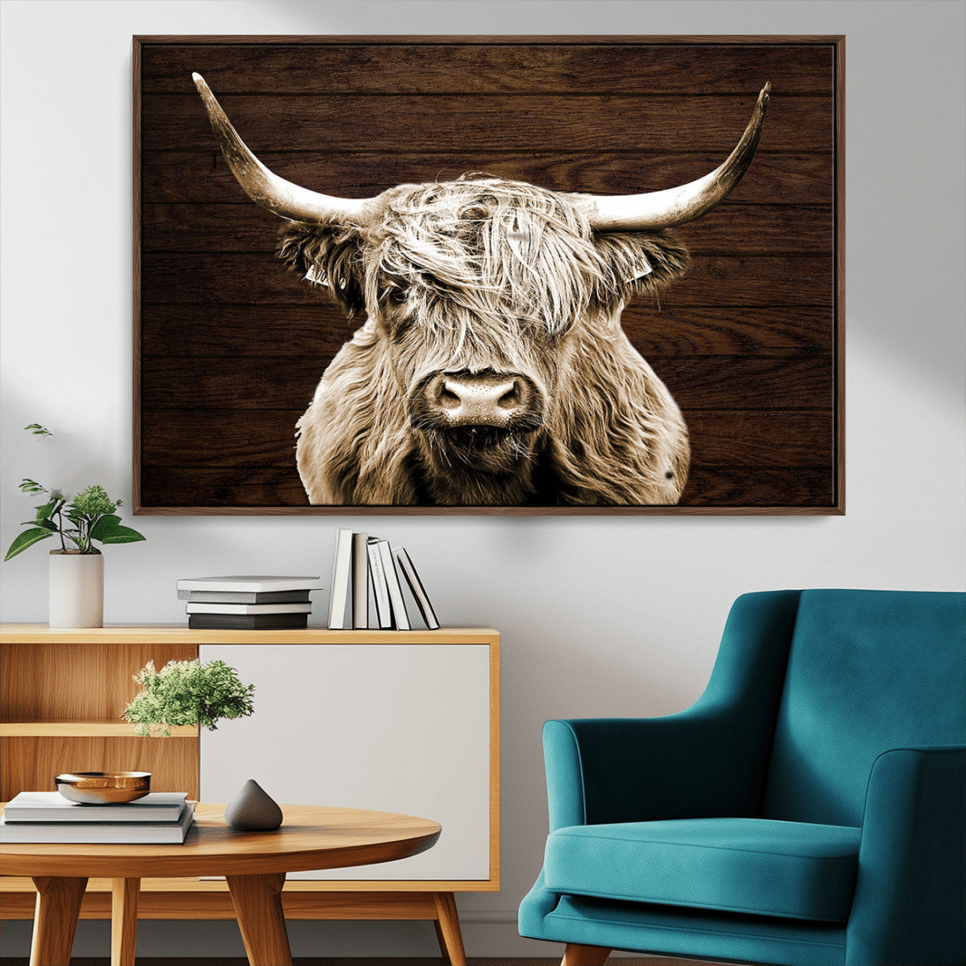 MGV-FC-36X24 - Highland Cow Wall Art Canvas Print, Rustic Farmhouse Decor, Majestic Scottish Highland Bull Portrait