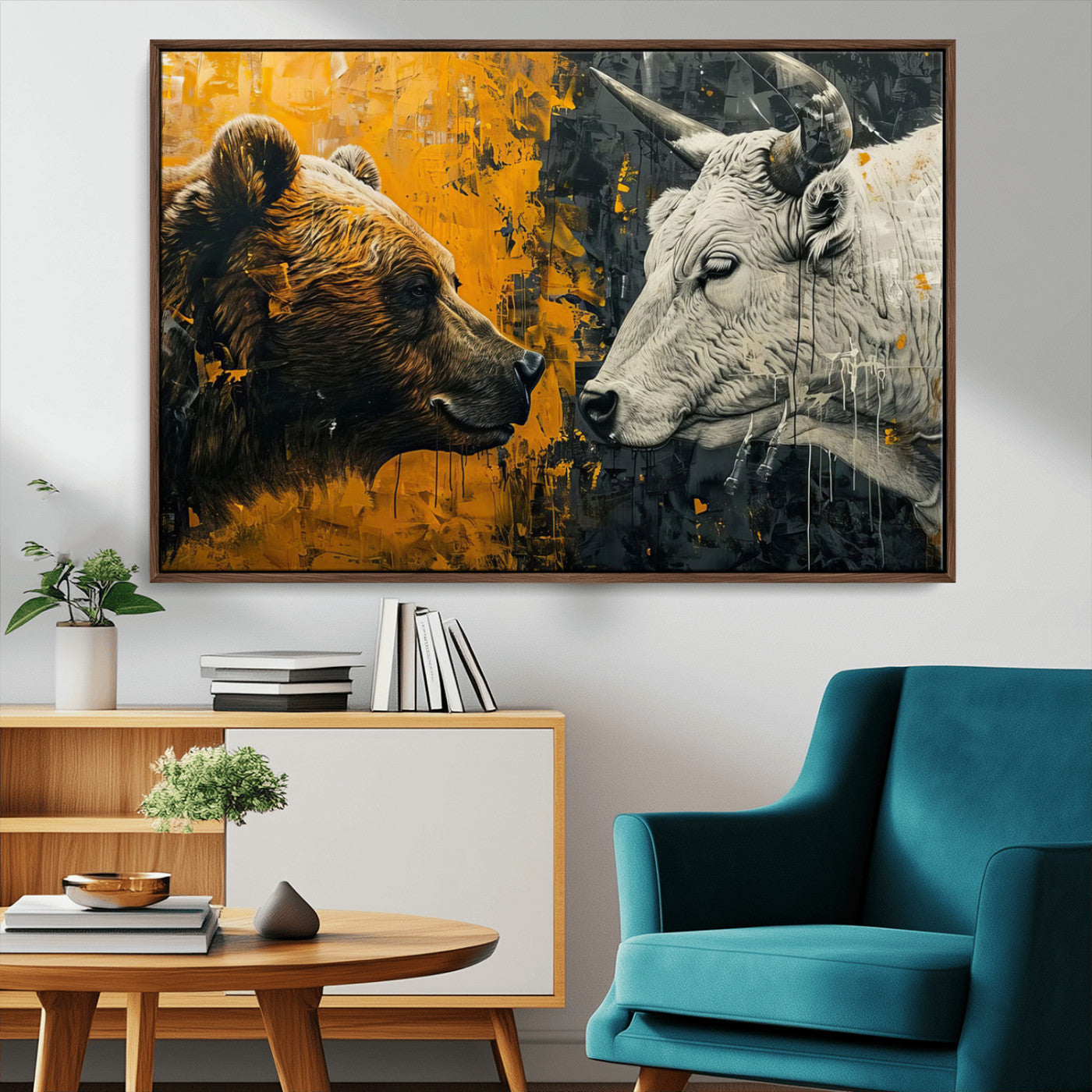 MGV-FC-36X24 - Bear and Bull Wall Art Canvas Print – Abstract Animal Portrait Painting for Modern Home Decor –