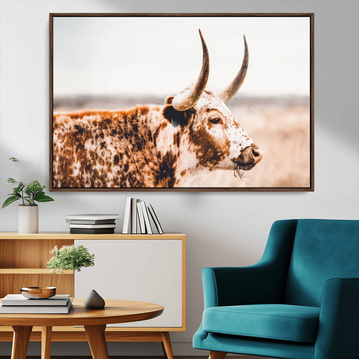 -Speckled Bull Wall Art Canvas Print – Rustic Cow Longhorn Farmhouse Animal Decor – Western Longhorn