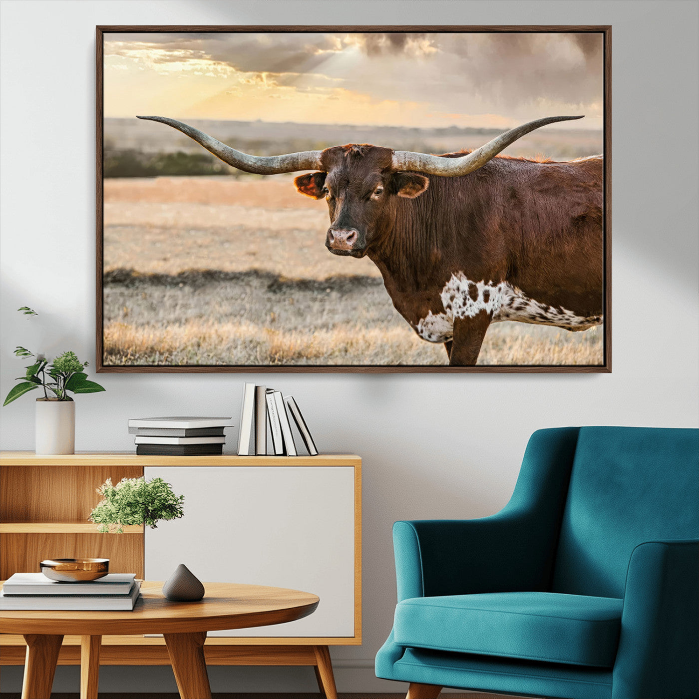 -Texas Longhorn Wall Art Canvas Print, Rustic Ranch Decor, Majestic Western Longhorn Cattle