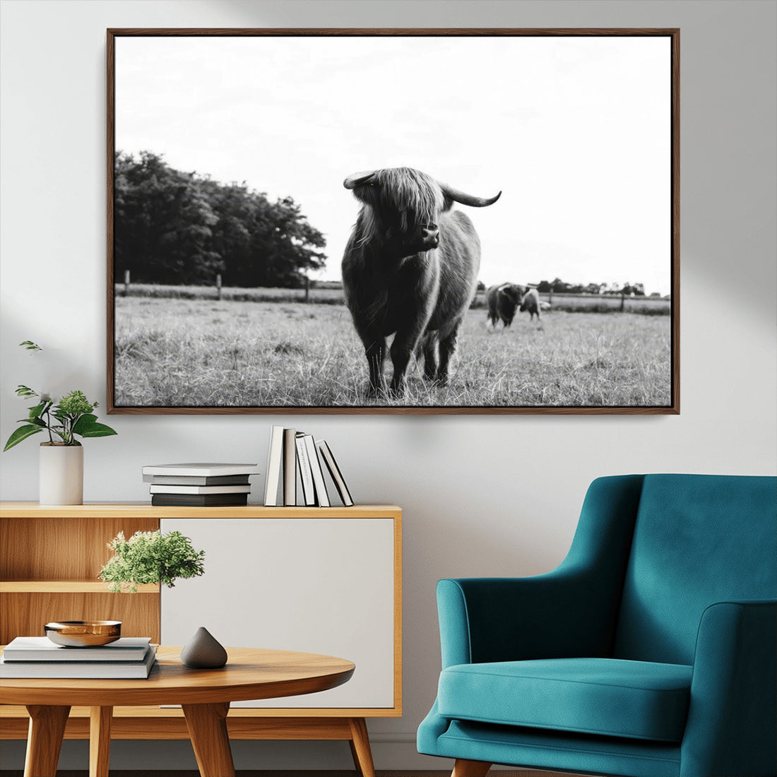 Black and White Highland Cow Wall Art Canvas Print, Rustic Decor