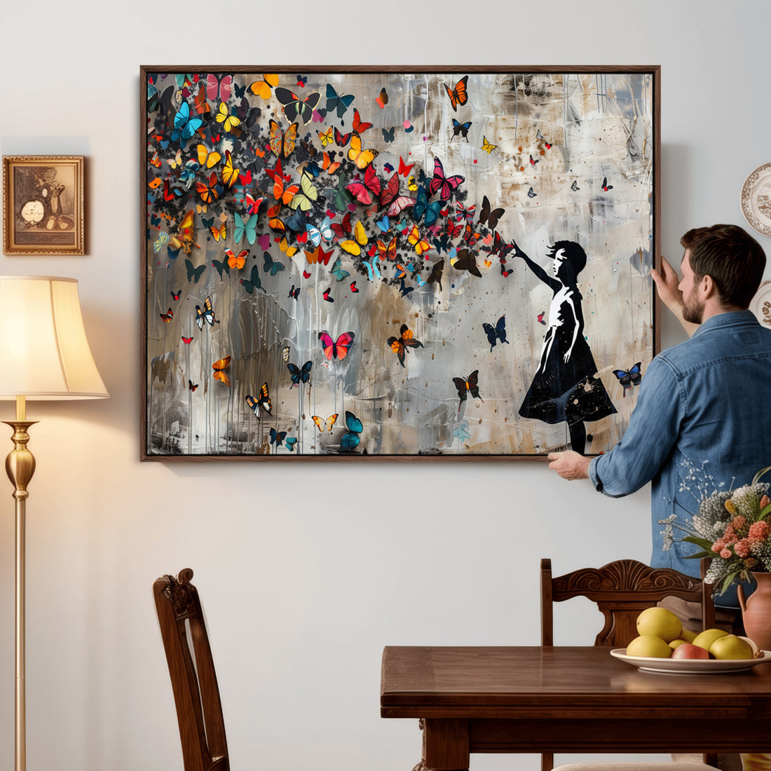 Banksy Wall Art, Banksy Girl and Butterfly Explosion Canvas Print | Extra Large 3 Piece Best Seller Wall Art