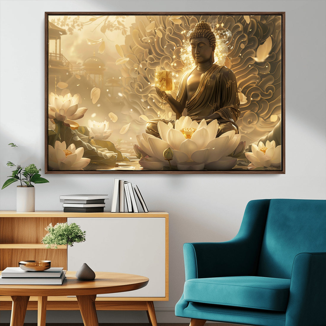 Golden Buddha Wall Art, Yoga and Meditation Room Decor | Extra Large 3 Piece Canvas Wall Art