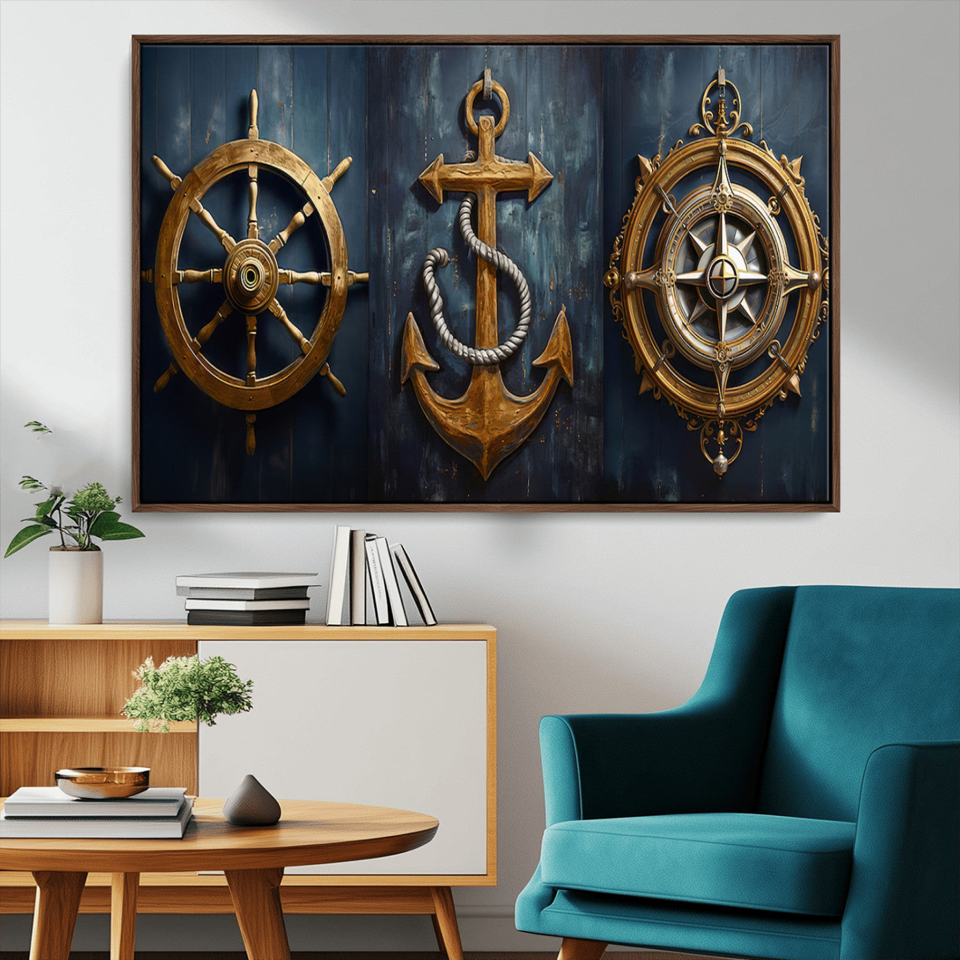 MGV-FC-36X24 - Boat Anchor Compass With Rope Wall Art Canvas Print | Beach House Wall Art