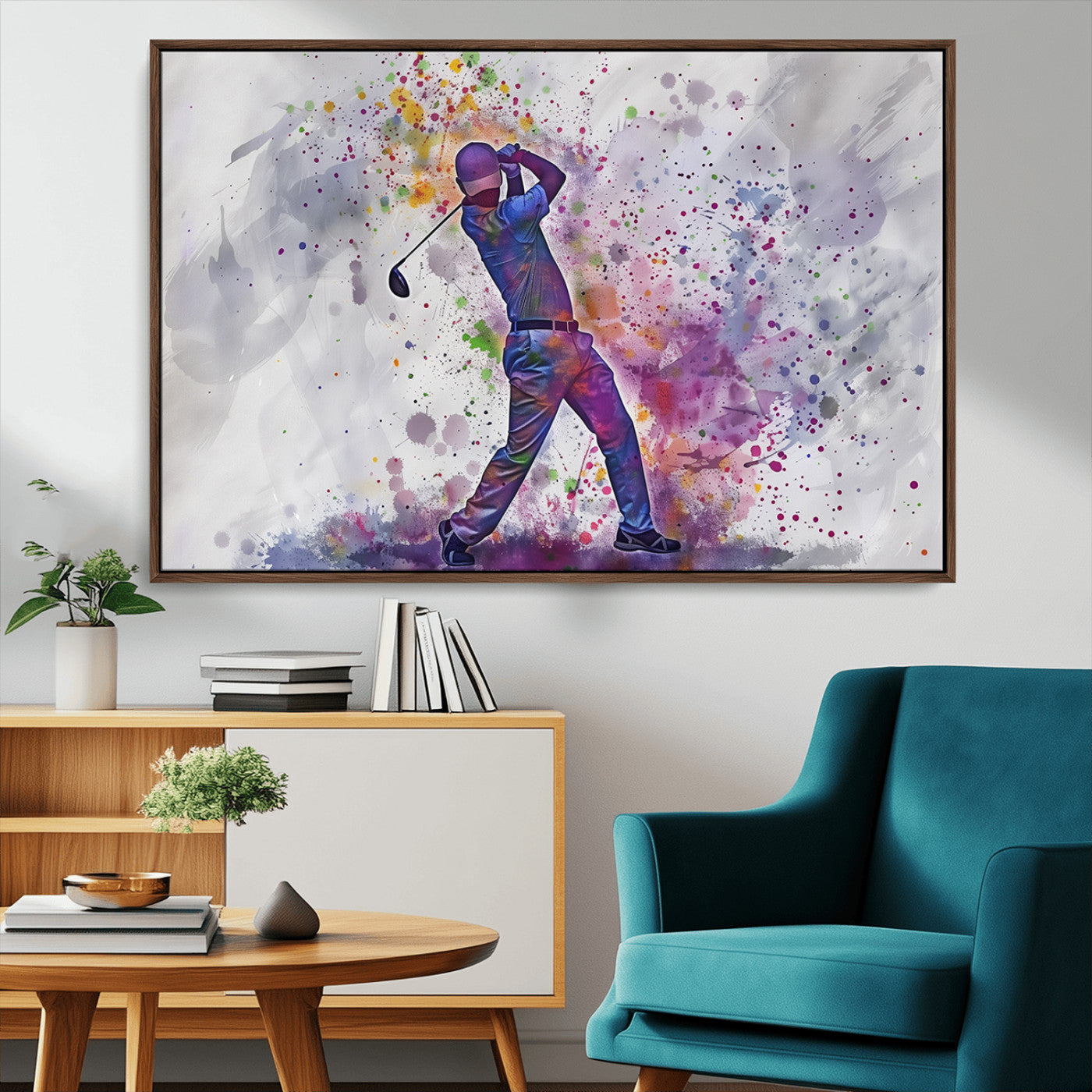 MGV-FC-36X24 - Watercolor Golf Swing Wall Art Canvas Print | Vibrant Abstract Golf Player Silhouette |