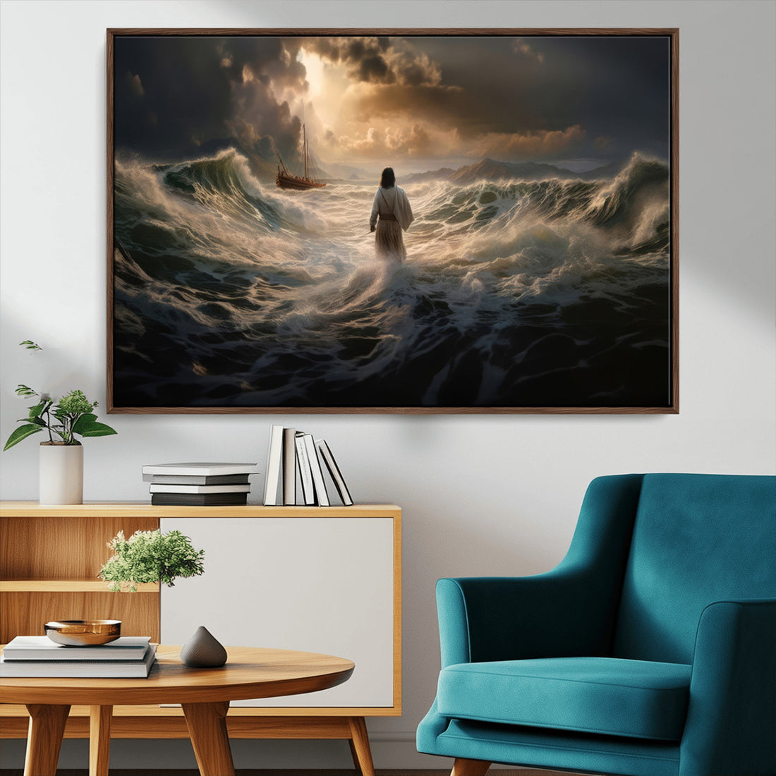 Jesus Walking on Water Wall Art Canvas Print, Religious Decor | Extra Large 3 Piece Canvas Wall Art