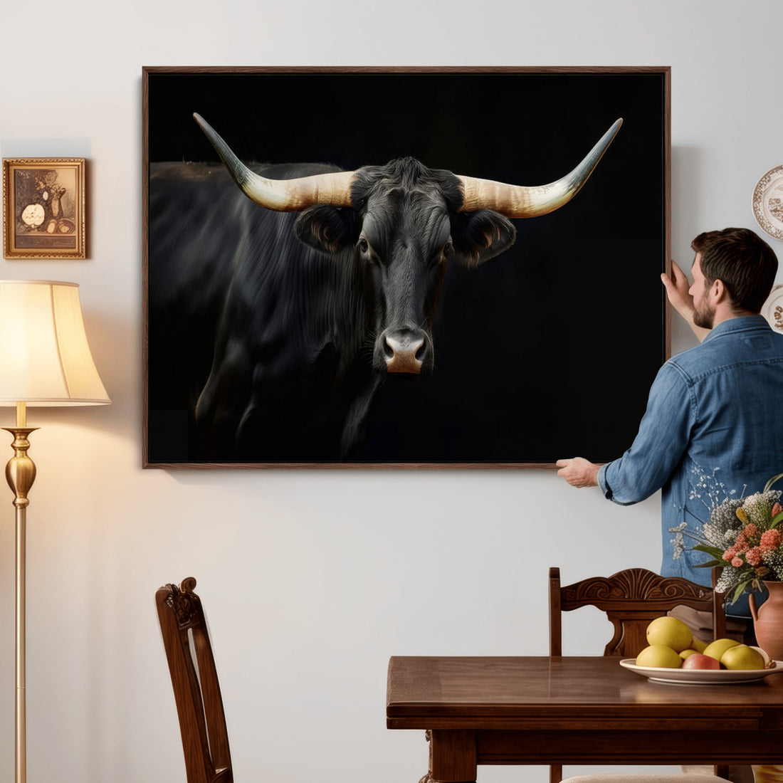 Black Bull Wall Art, Majestic Longhorn Canvas Print | Extra Large 3 Piece Best Seller Wall Art