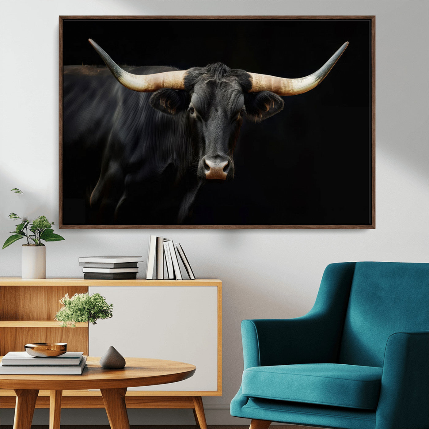 MGV-FC-36X24 - Texas Longhorn Cow | Majestic Black Bull Wall Art Canvas Print - Farmhouse Animal Decor - Ready to