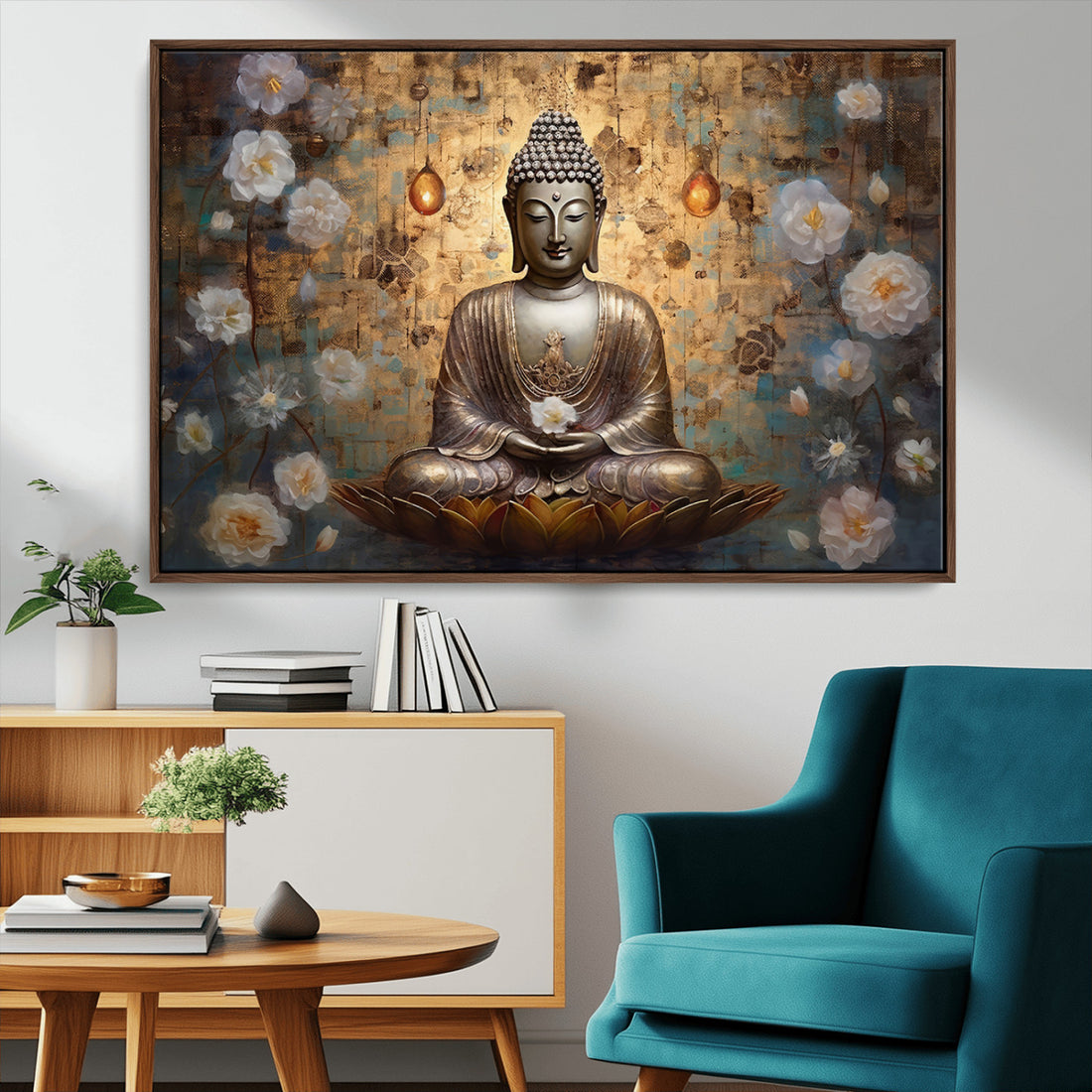 Golden Buddha Wall Art Canvas Print, Zen Meditation Floral Decor | Extra Large 3 Piece Canvas Wall Art