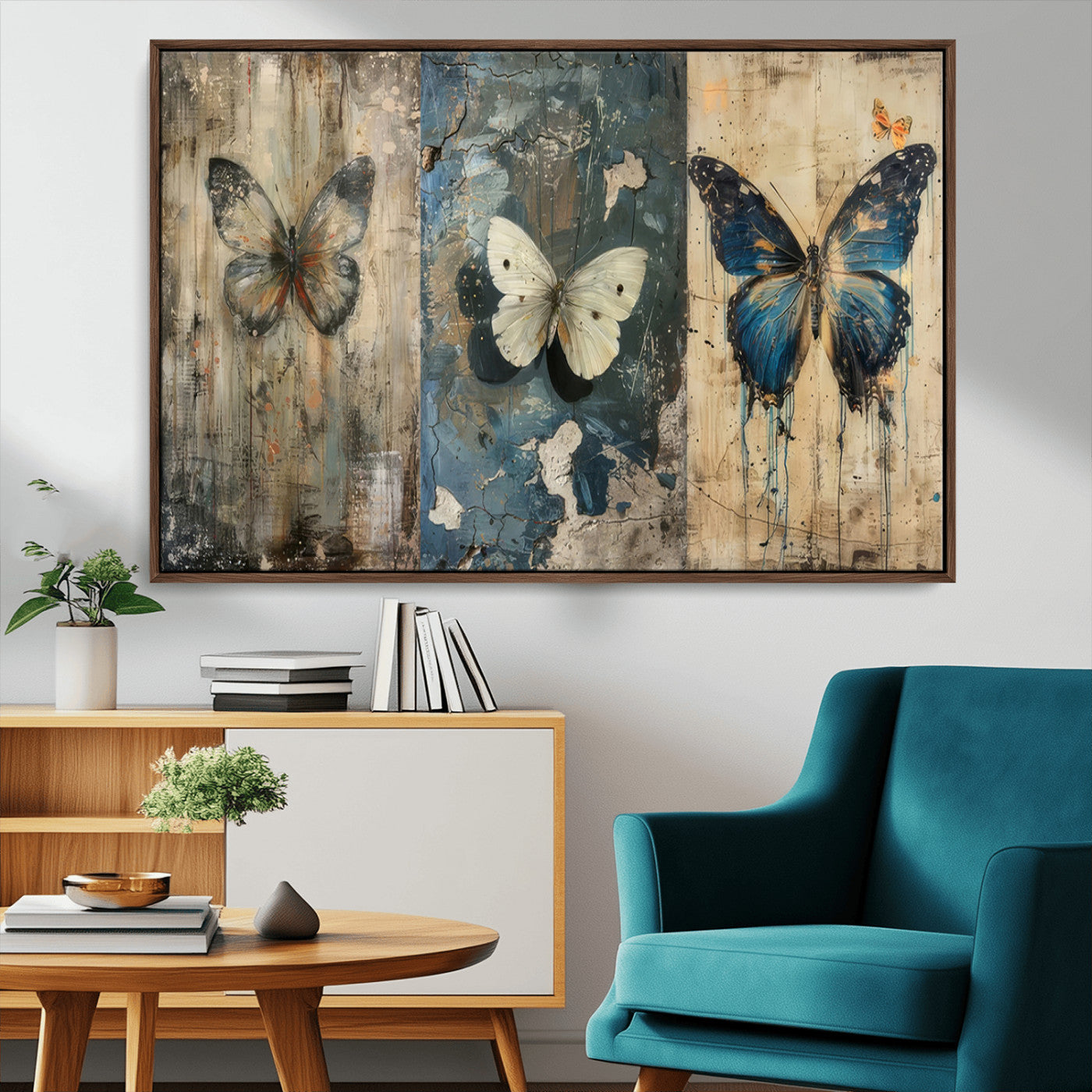 MGV-FC-36X24 - Butterfly Wall Art Trio | Vintage Butterfly Canvas Print | Ready to Hang Framed Artwork for