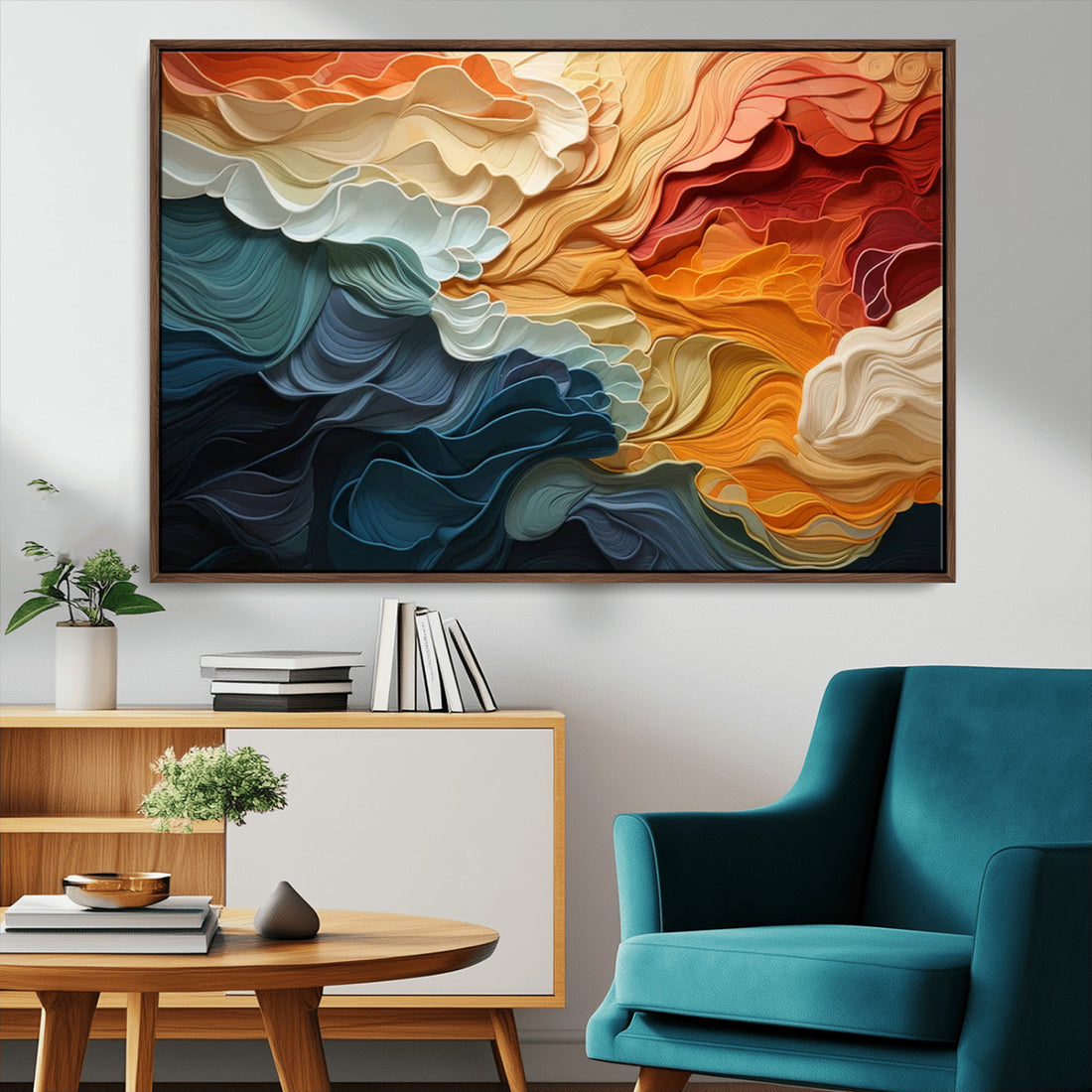 Blue Orange Abstract Wave Wall Art Canvas Print, Framed | Extra Large 3 Piece Canvas Wall Art