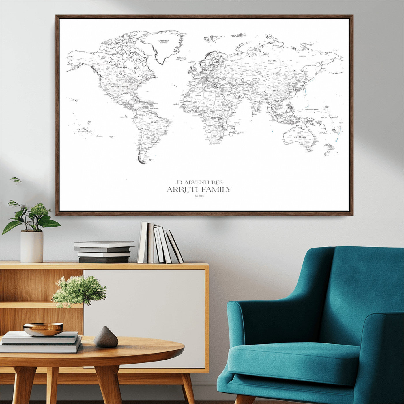 MGV-FC-36X24 - Custom World Map Wall Art – Personalized Framed Canvas Print with Push Pins for Travel Tracking,
