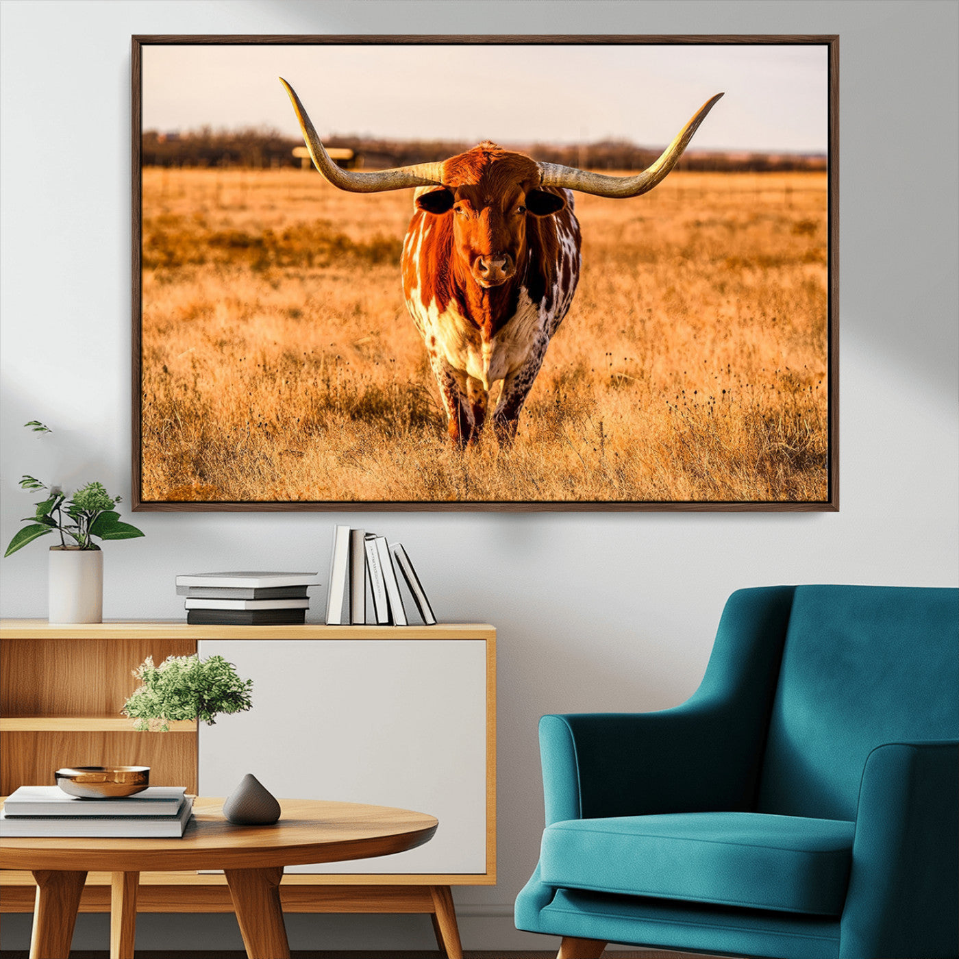 MGV-FC-36X24 - Longhorn Cow Wall Art | Ready to Hang Framed Canvas Print for Farmhouse and Barn Decor