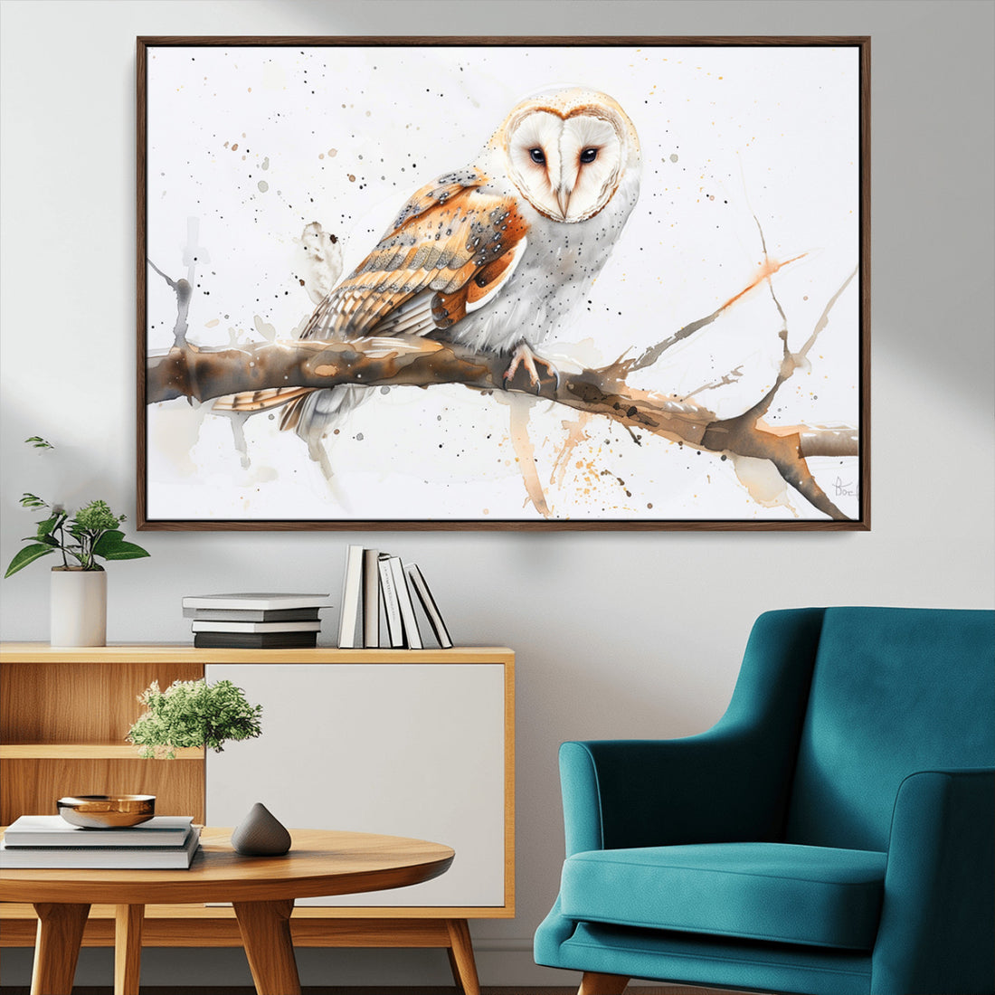 Barn Owl Wall Art on Branch, Canvas Print for Nature Lovers | Extra Large 3 Piece Canvas Wall Art